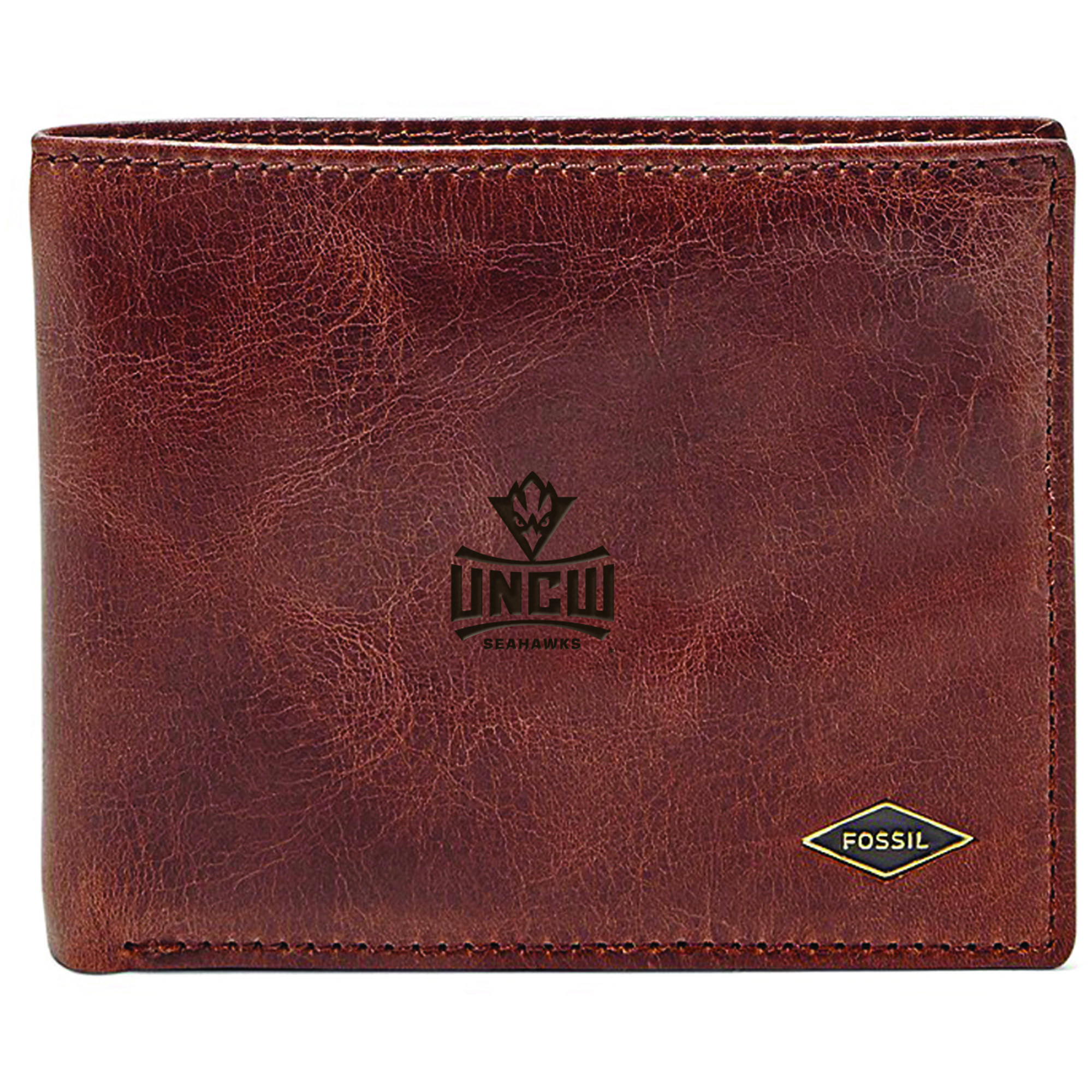 Men's Fossil Brown UNC Wilmington Seahawks Leather Ryan RFID Flip ID Bifold Wallet