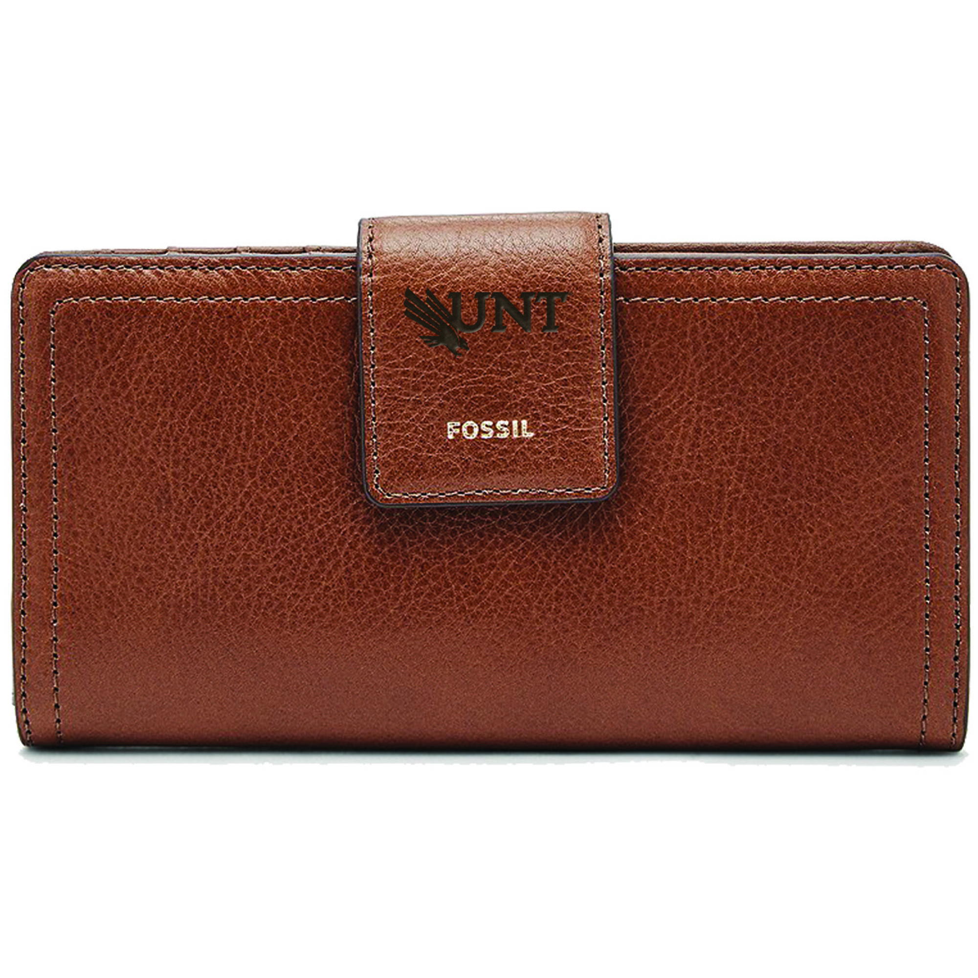 Women's Fossil Brown North Texas Mean Green Leather Logan RFID Tab Clutch