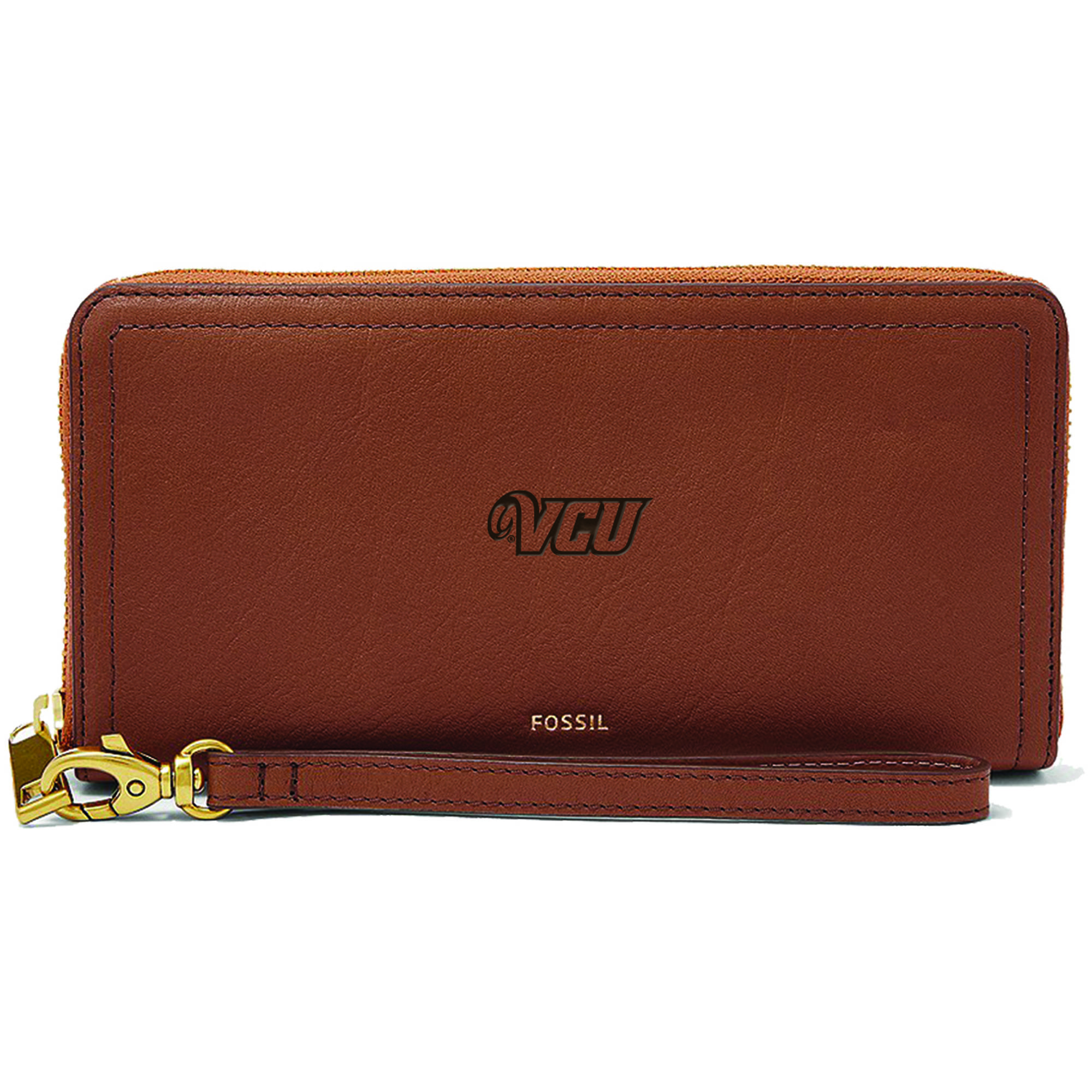Women's Fossil Brown VCU Rams Leather Logan RFID Zip Around Clutch