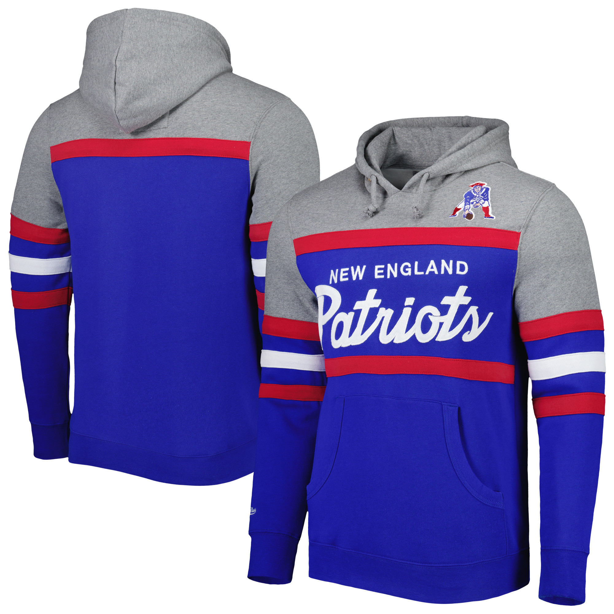Men's Mitchell & Ness Royal/Heathered Gray New England Patriots Head Coach Pullover Hoodie
