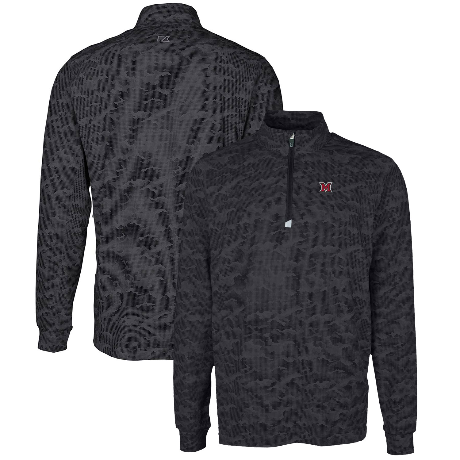 Men's Cutter & Buck Black Miami University RedHawks Big & Tall Traverse Camo Print Stretch Quarter-Zip Pullover Top