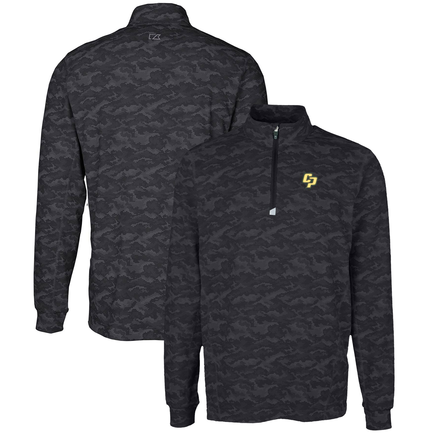 Men's Cutter & Buck Black Cal Poly Mustangs Big & Tall Traverse Camo Print Stretch Quarter-Zip Pullover Top
