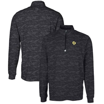Men's Cutter & Buck Black Cal Poly Mustangs Big & Tall Traverse Camo Print Stretch Quarter-Zip Pullover Top