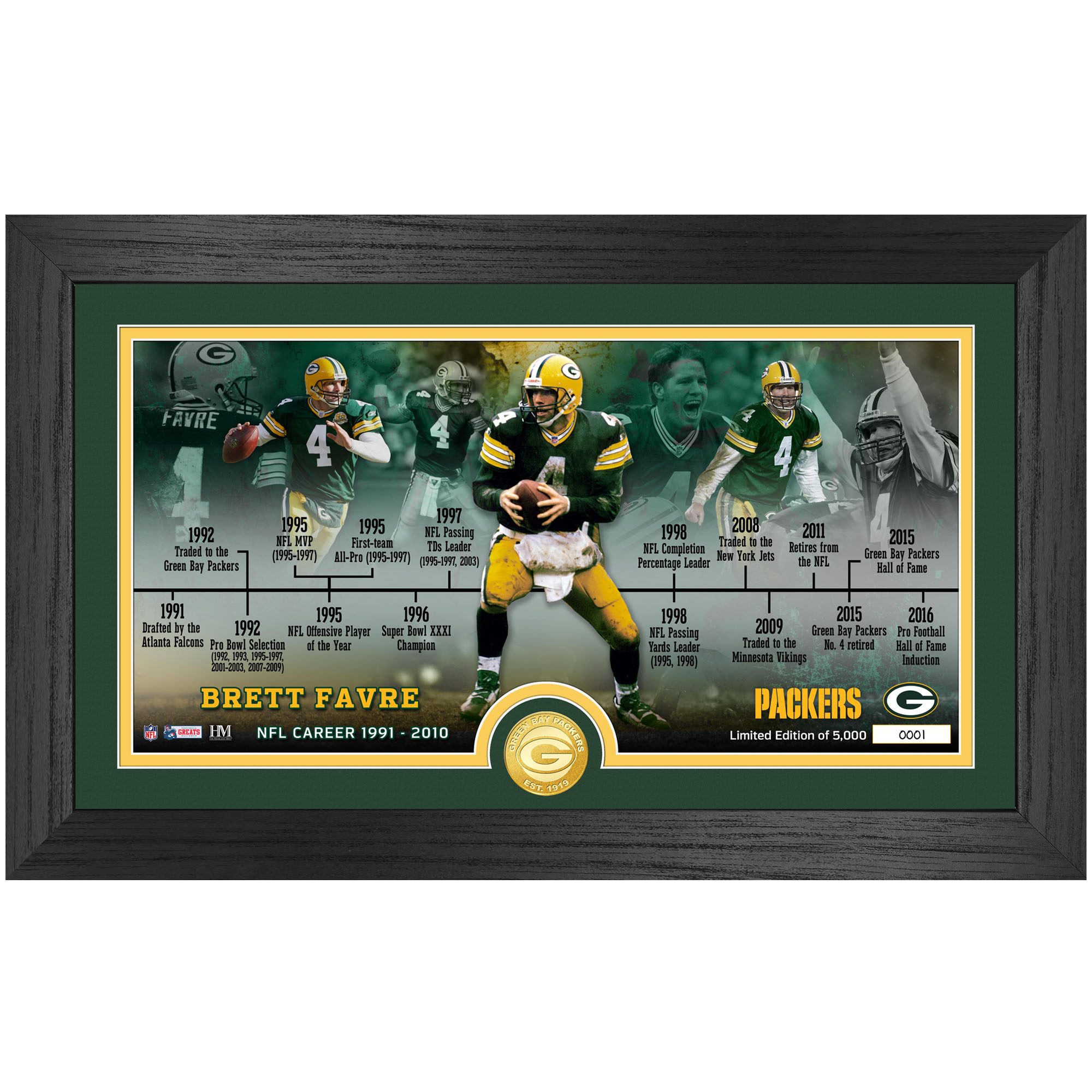 Highland Mint Brett Favre Green Bay Packers 12'' x 20'' Timeline Pano Photo Mint