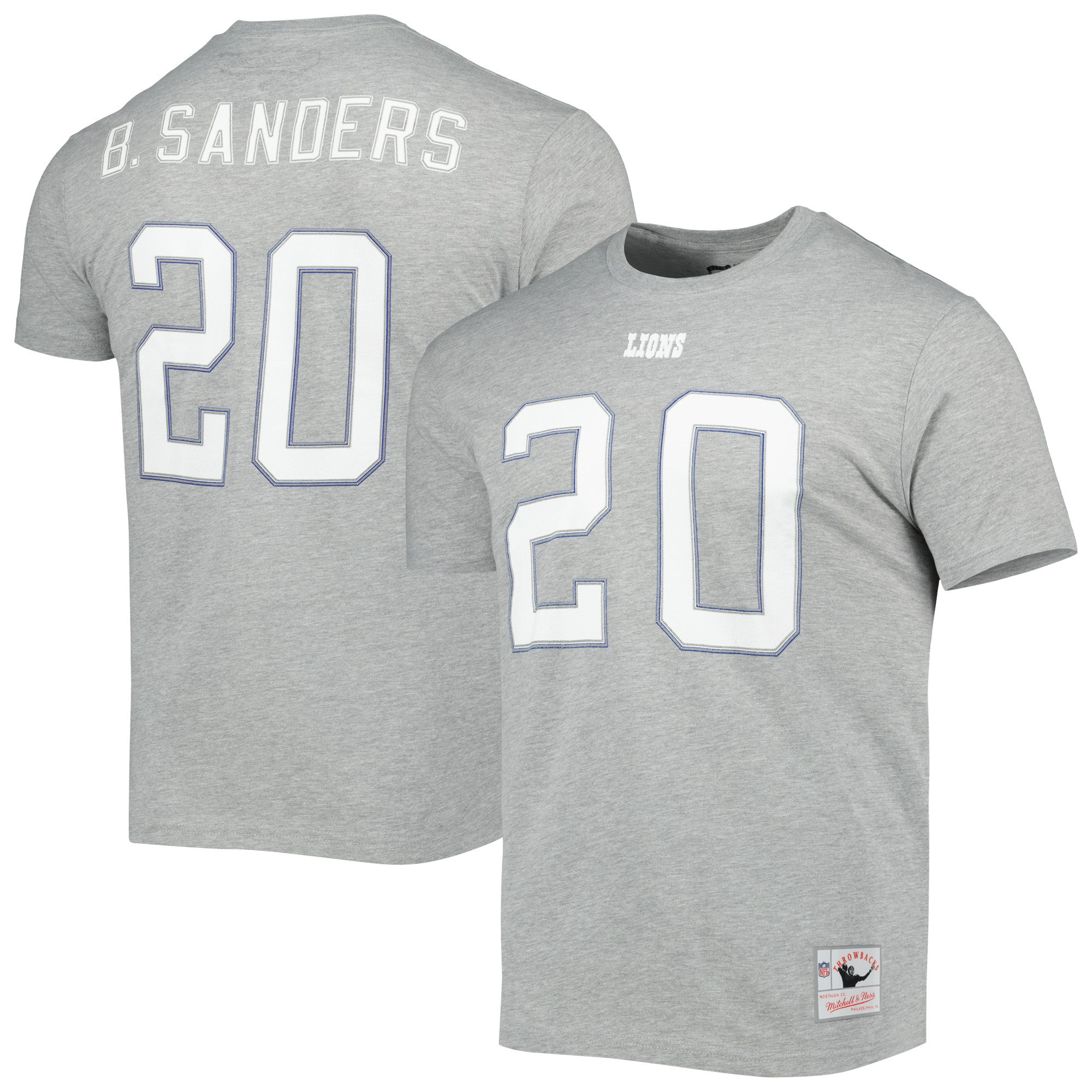 Men's Mitchell & Ness Barry Sanders Gray Detroit Lions Retired Player Logo Name & Number T-Shirt