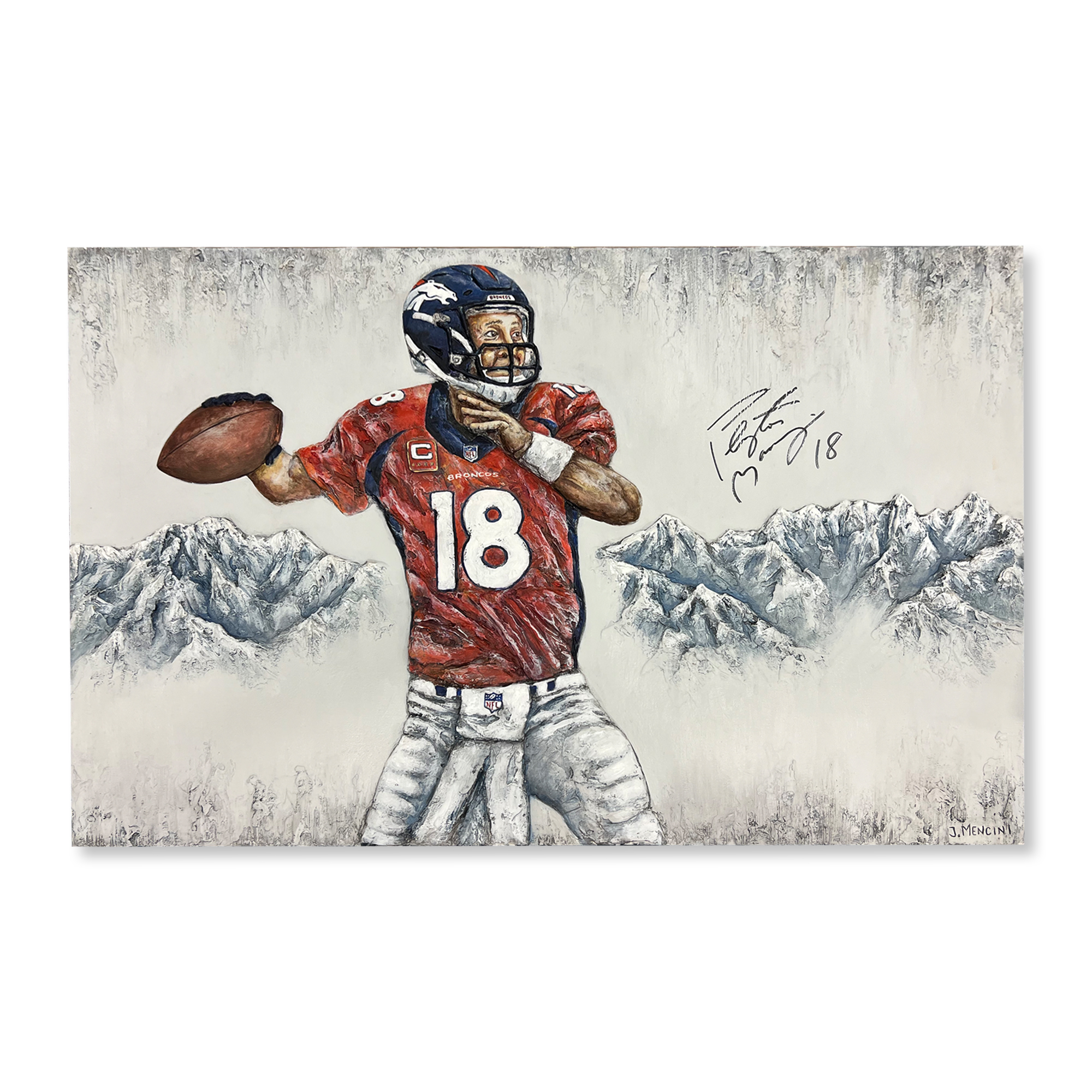 Peyton Manning Denver Broncos Autographed 24" x 36" Original Plaster Artwork - Art by Justin Mencini - #1 of Limited Edition 1