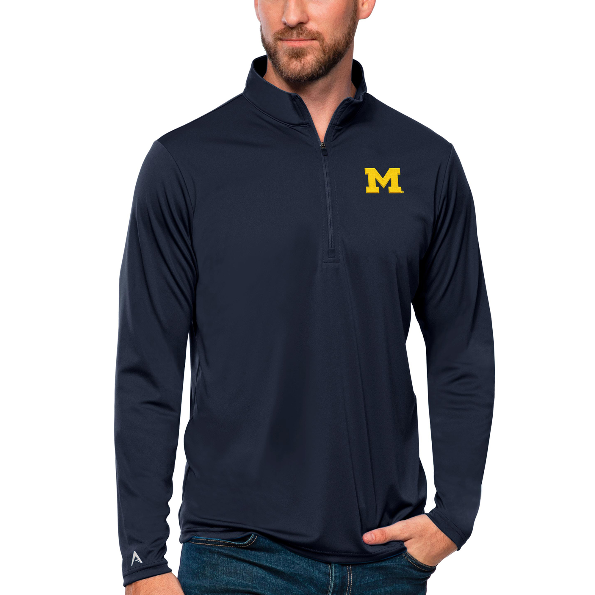Men’s Antigua Navy Michigan Wolverines Tribute Quarter-Zip Top Men’s Antigua Navy Michigan Wolverines Tribute Quarter-Zip Top