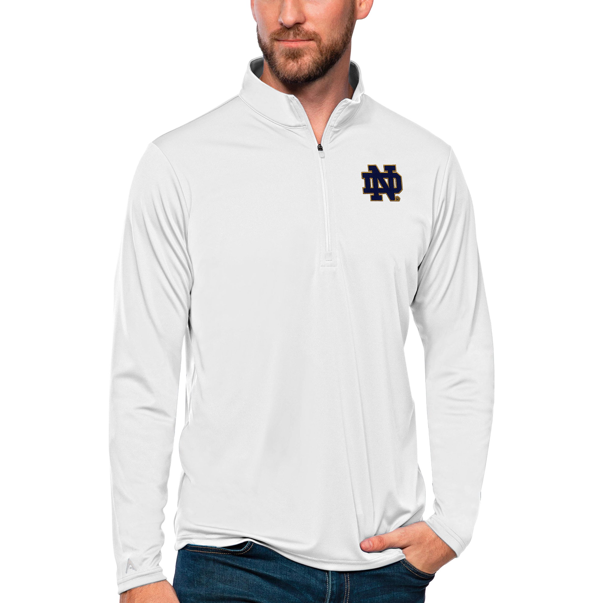 Men’s Antigua White Notre Dame Fighting Irish Tribute Quarter-Zip Top Men’s Antigua White Notre Dame Fighting Irish Tribute Quarter-Zip Top