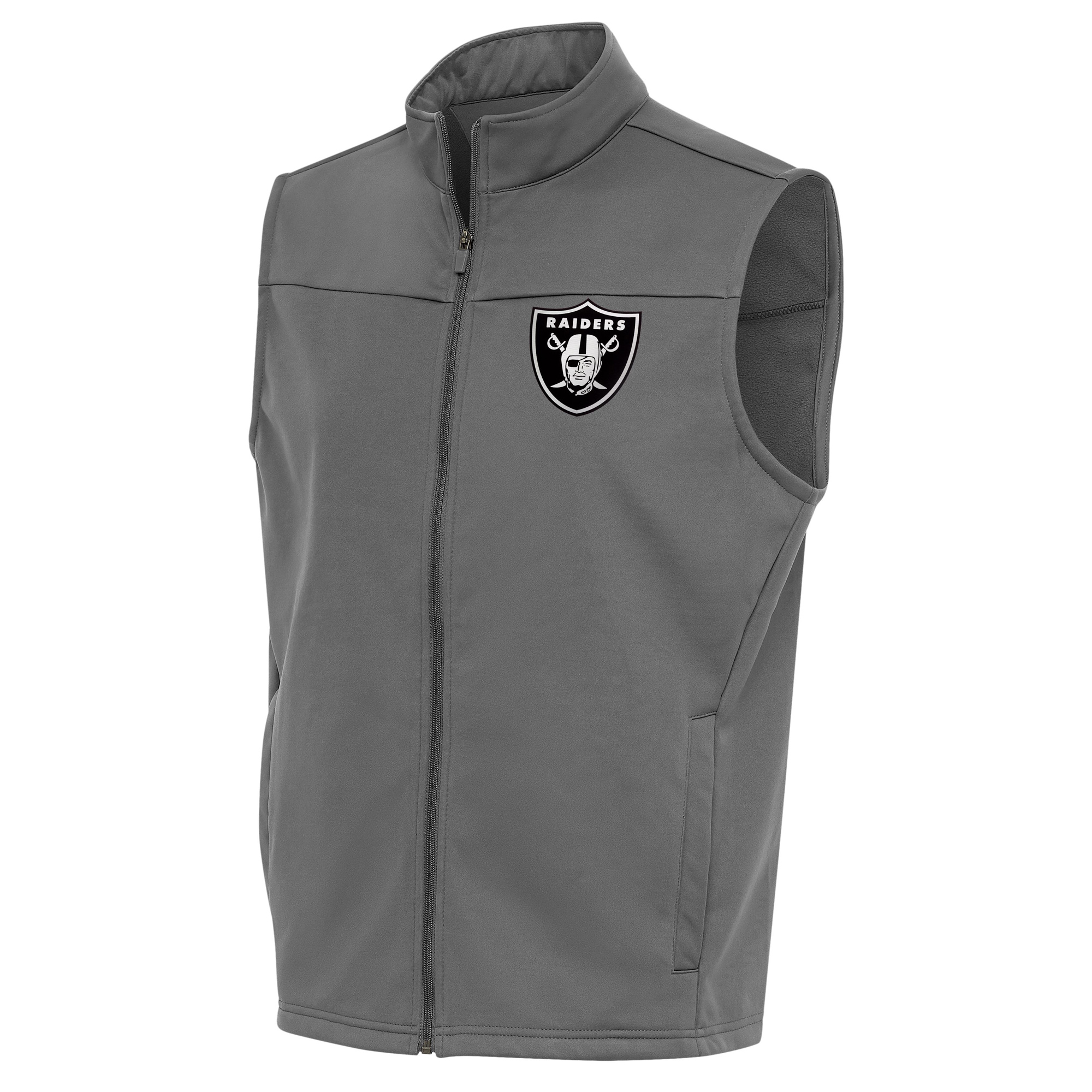Men's Antigua Steel Las Vegas Raiders Metallic Logo Links Full-Zip Golf Vest