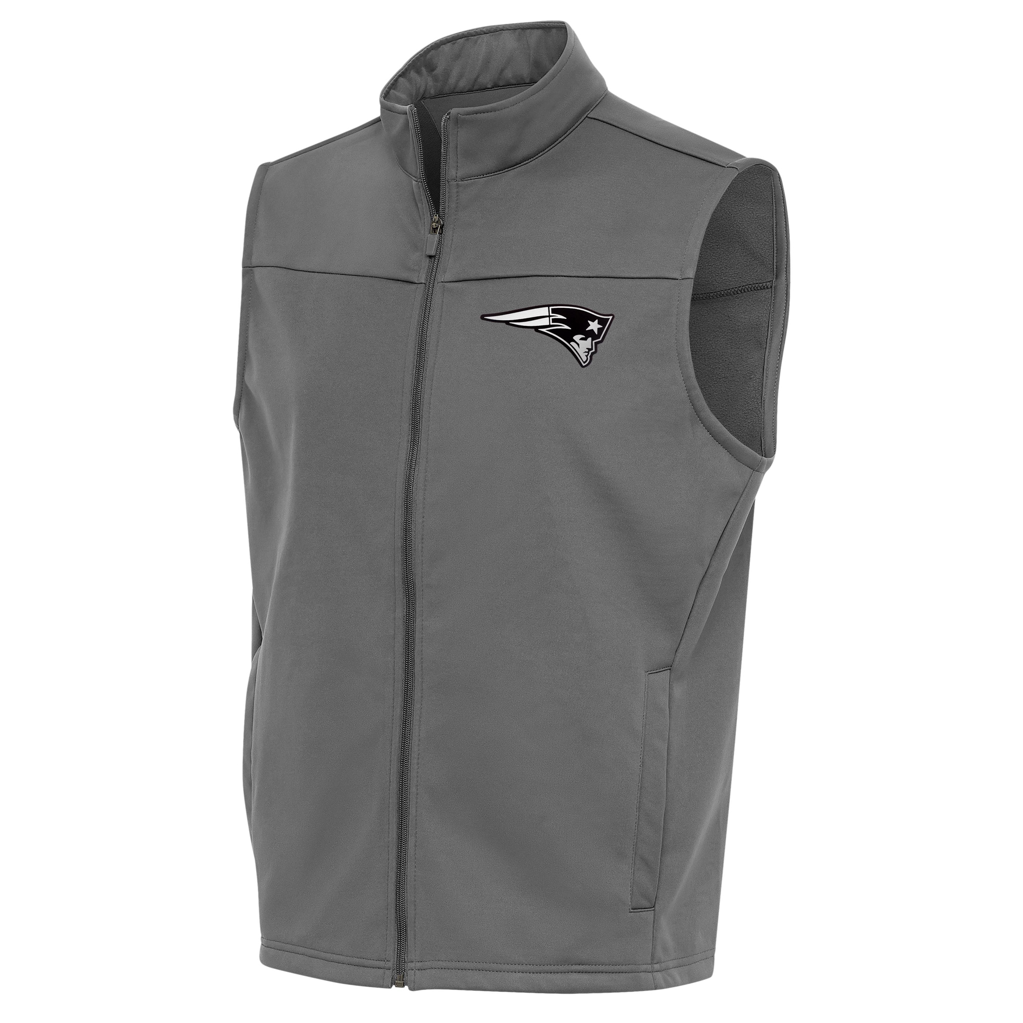 Men's Antigua Steel New England Patriots Metallic Logo Links Full-Zip Golf Vest