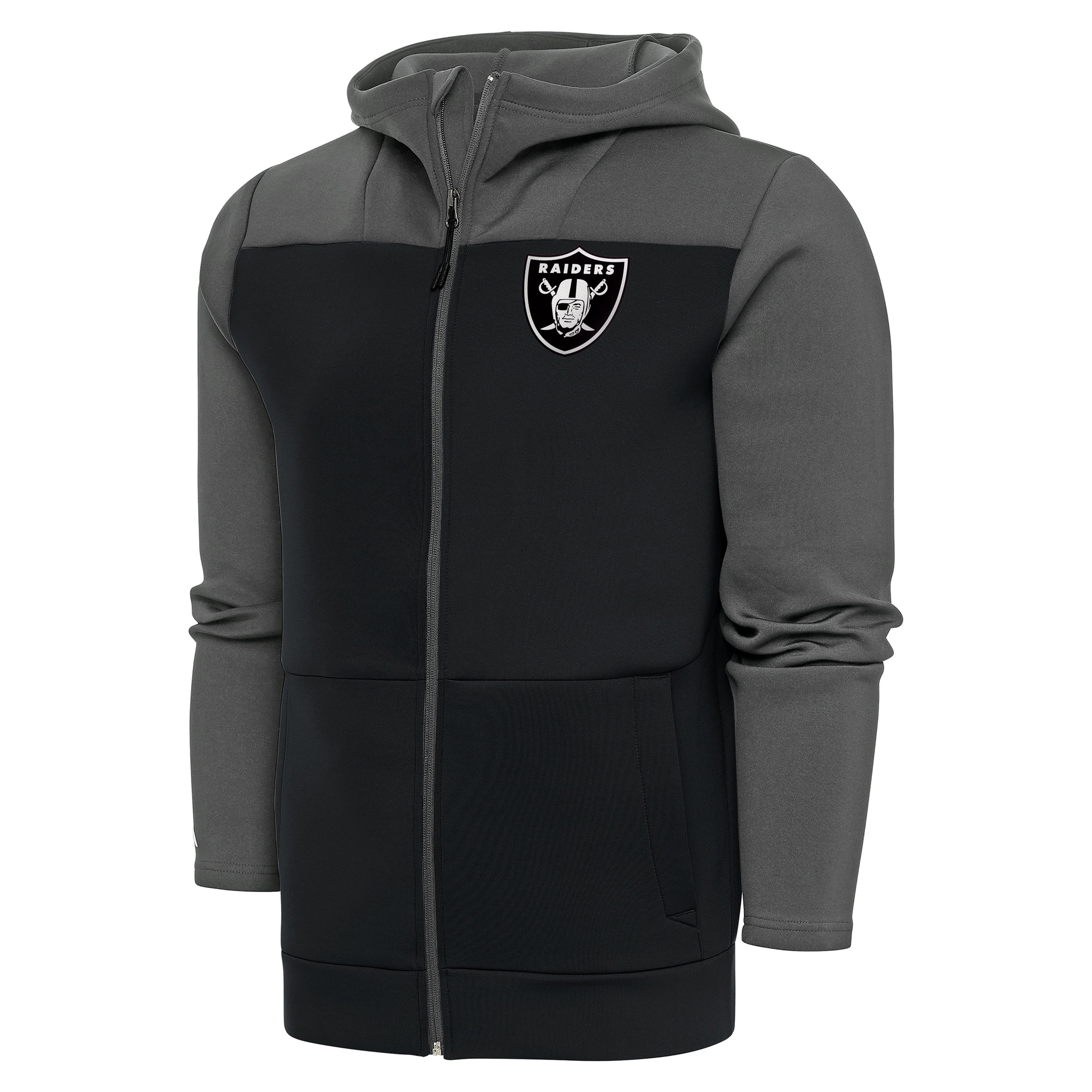 Men's Antigua Steel/Charcoal Las Vegas Raiders Metallic Logo Protect Full-Zip Hoodie
