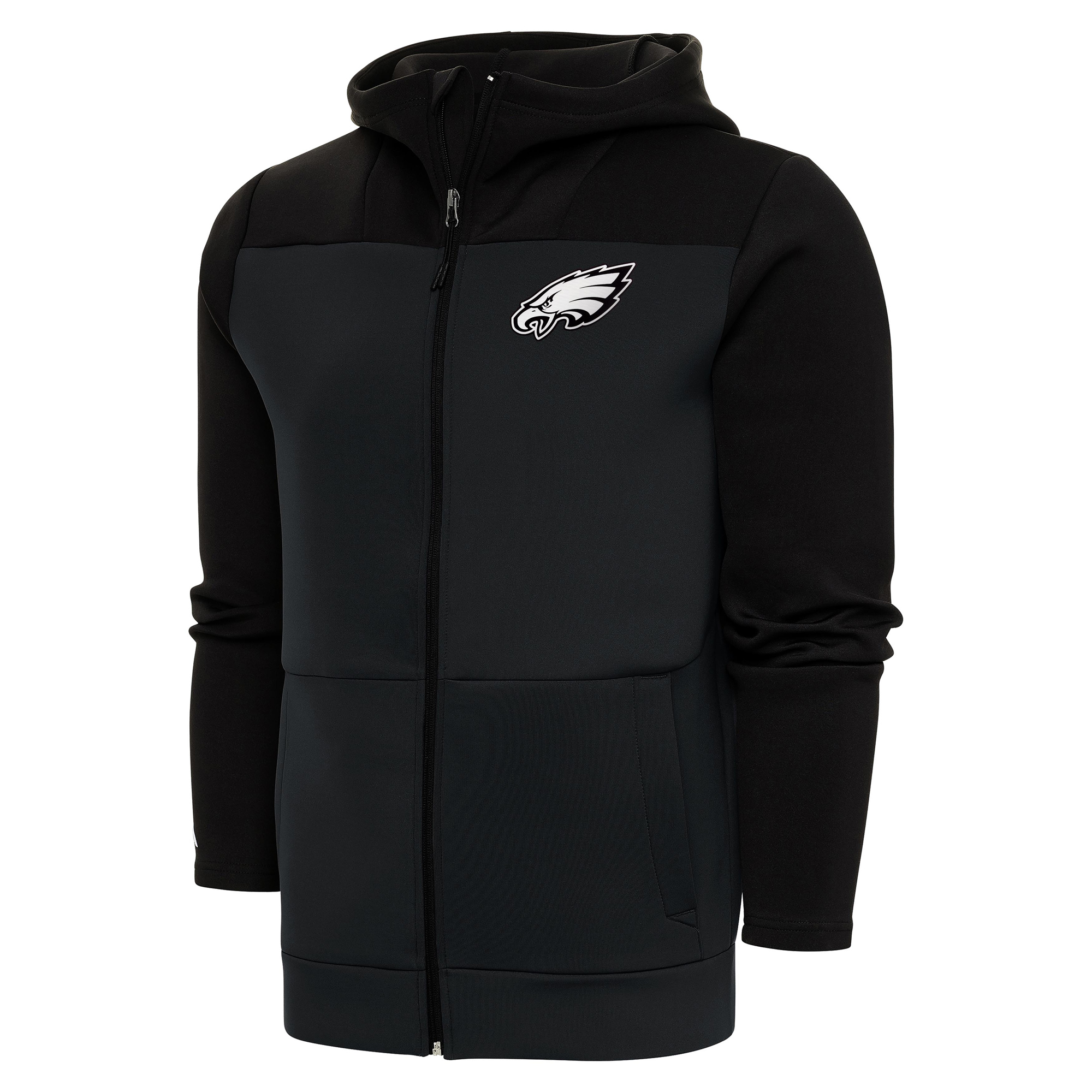 Men's Antigua Charcoal/Black Philadelphia Eagles Metallic Logo Protect Full-Zip Hoodie