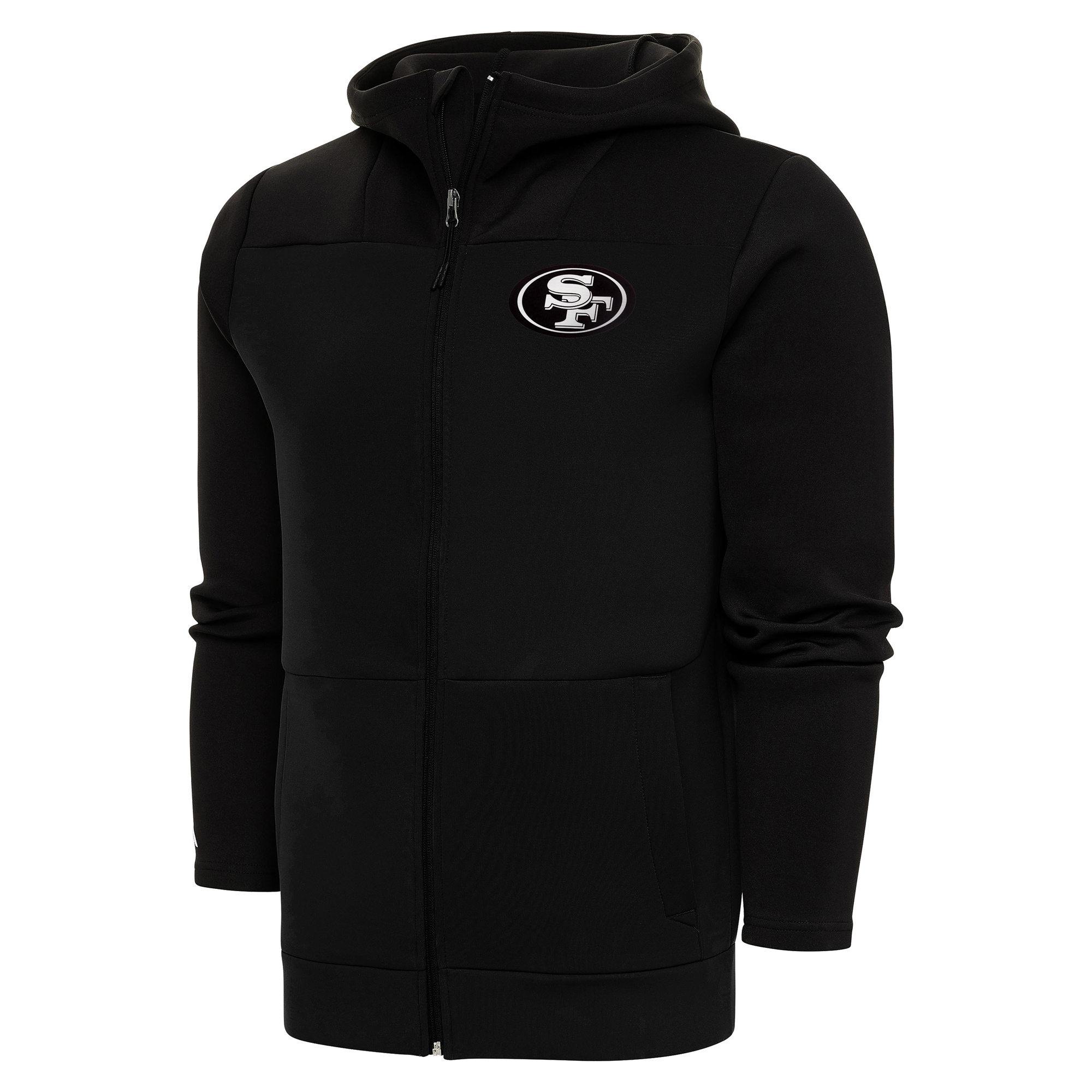 Men's Antigua Black San Francisco 49ers Metallic Logo Protect Full-Zip Hoodie