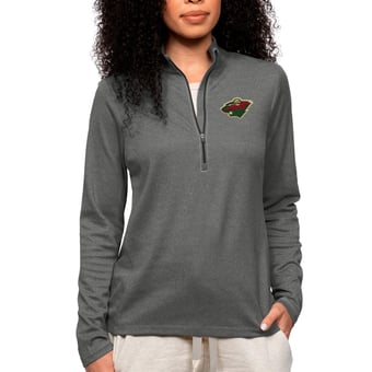 Women's Antigua Heather Charcoal Minnesota Wild Primary Logo Epic Quarter-Zip Pullover Top