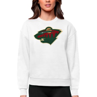 Women's Antigua White Minnesota Wild Primary Logo Team Logo Victory Crewneck Pullover Sweatshirt