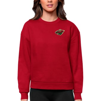 Women's Antigua Red Minnesota Wild Primary Logo Victory Crewneck Pullover Sweatshirt