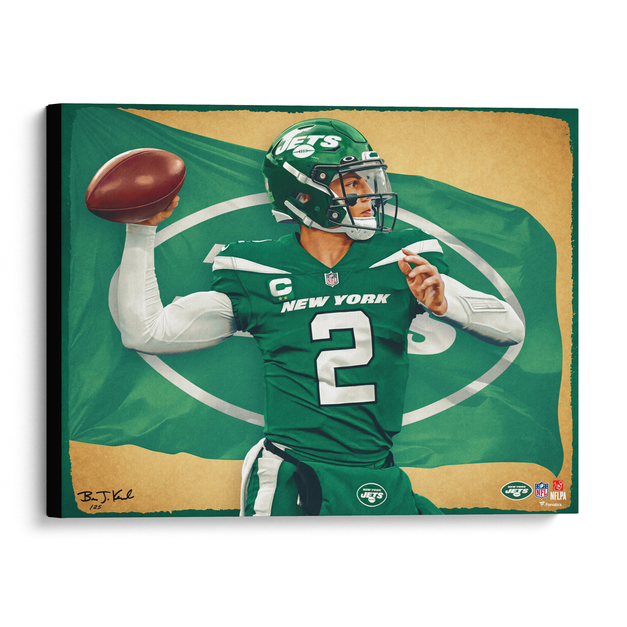 Zach Wilson New York Jets Stretched 20" x 24" Canvas Giclee Print - Designed & Signed by Artist Brian Konnick - Limited Edition #1 of 25