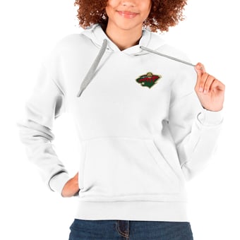 Women's Antigua White Minnesota Wild Primary Logo Victory Pullover Hoodie
