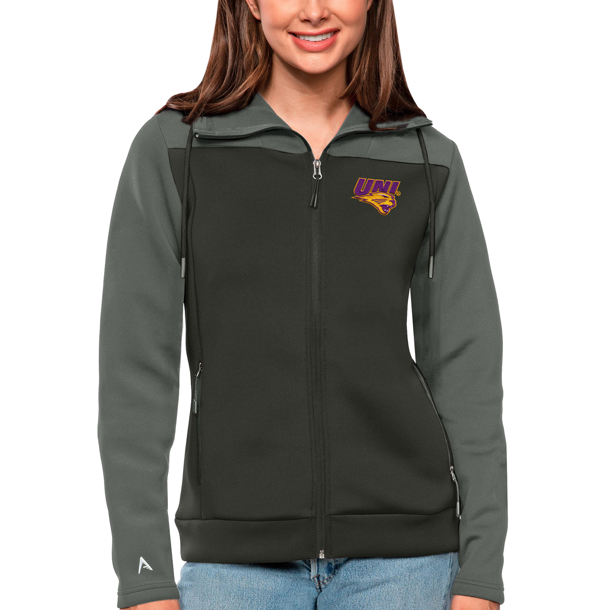 Women's Antigua Steel/Charcoal Northern Iowa Panthers Protect Full-Zip Jacket