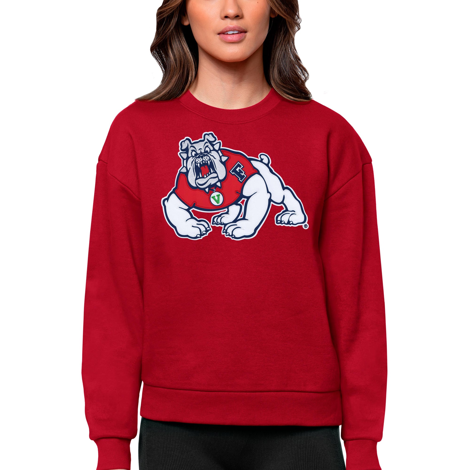 Women's Antigua Red Fresno State Bulldogs Victory Crewneck Pullover Sweatshirt