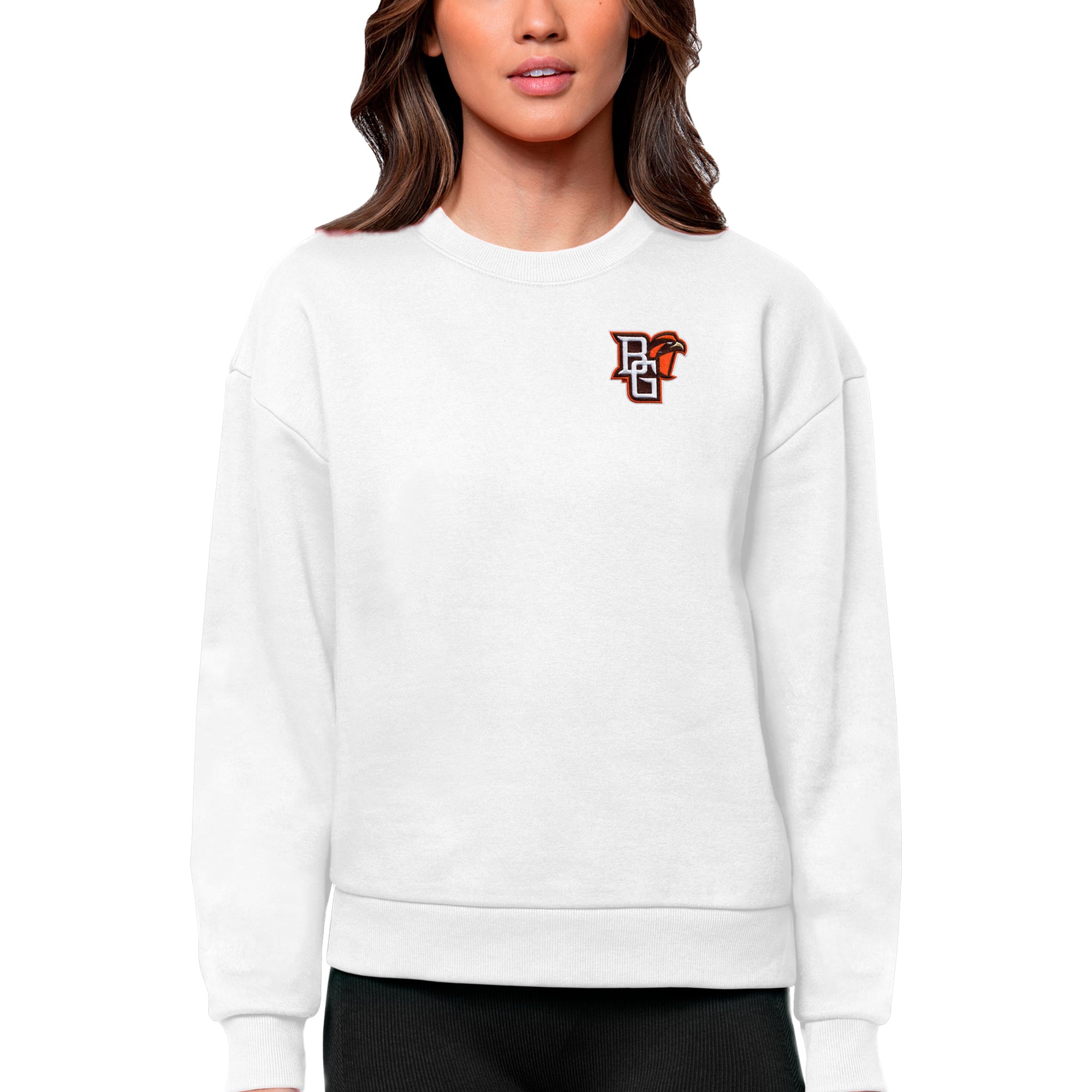 Women's Antigua White Bowling Green St. Falcons Logo Victory Crewneck Pullover Sweatshirt