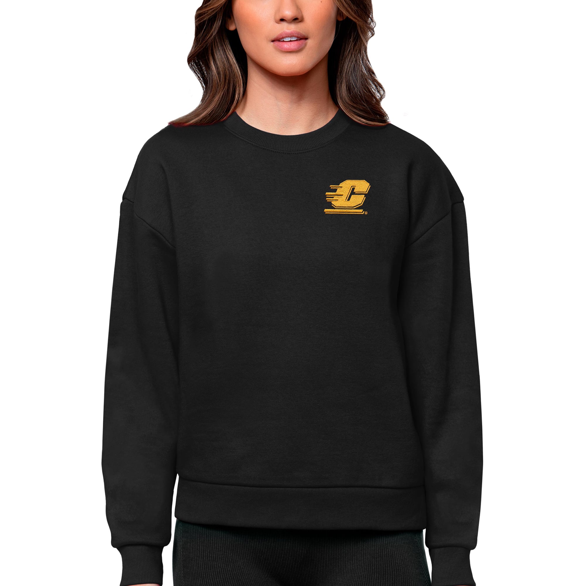 Women's Antigua Black Central Michigan Chippewas Logo Victory Crewneck Pullover Sweatshirt