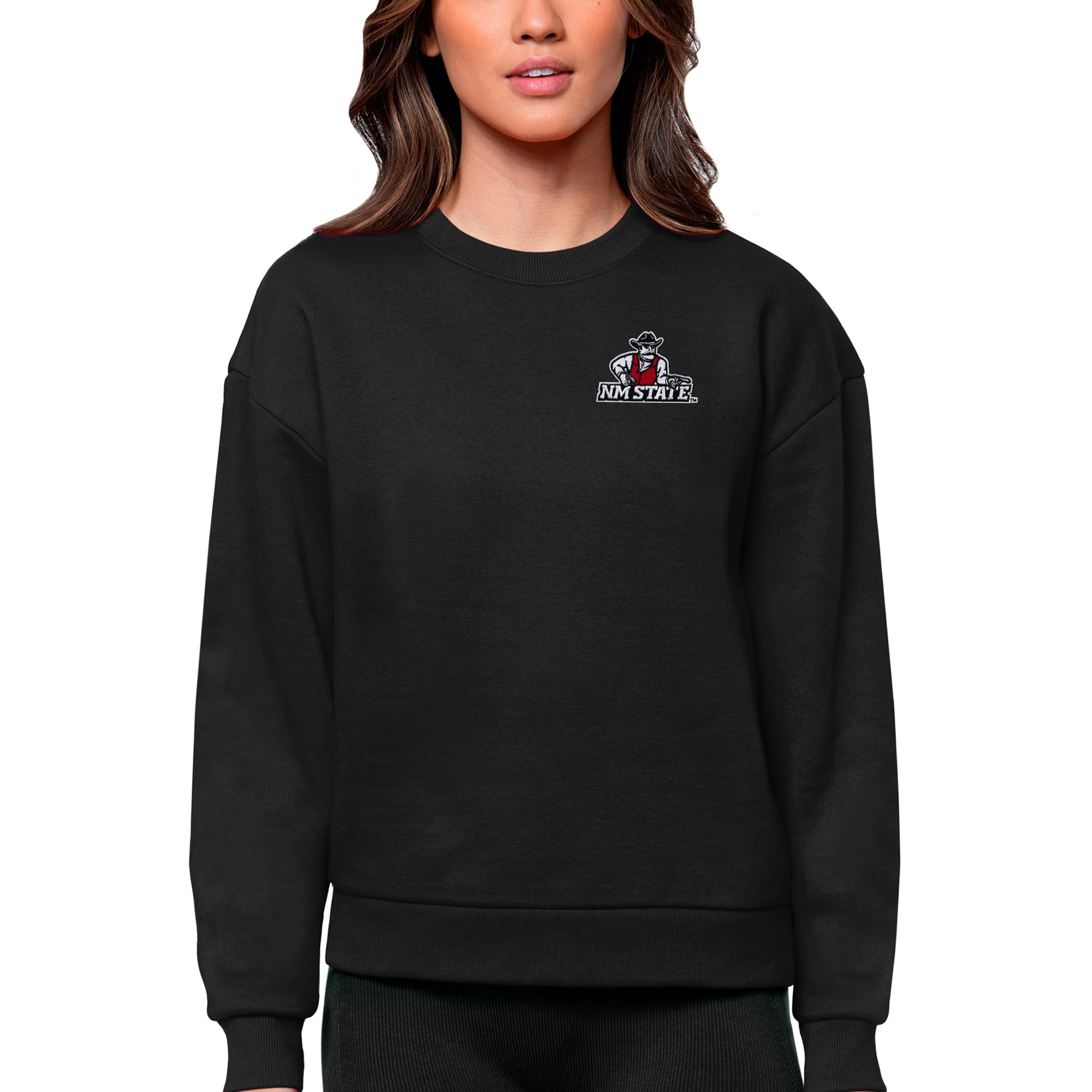 Women's Antigua Black New Mexico State Aggies Logo Victory Crewneck Pullover Sweatshirt