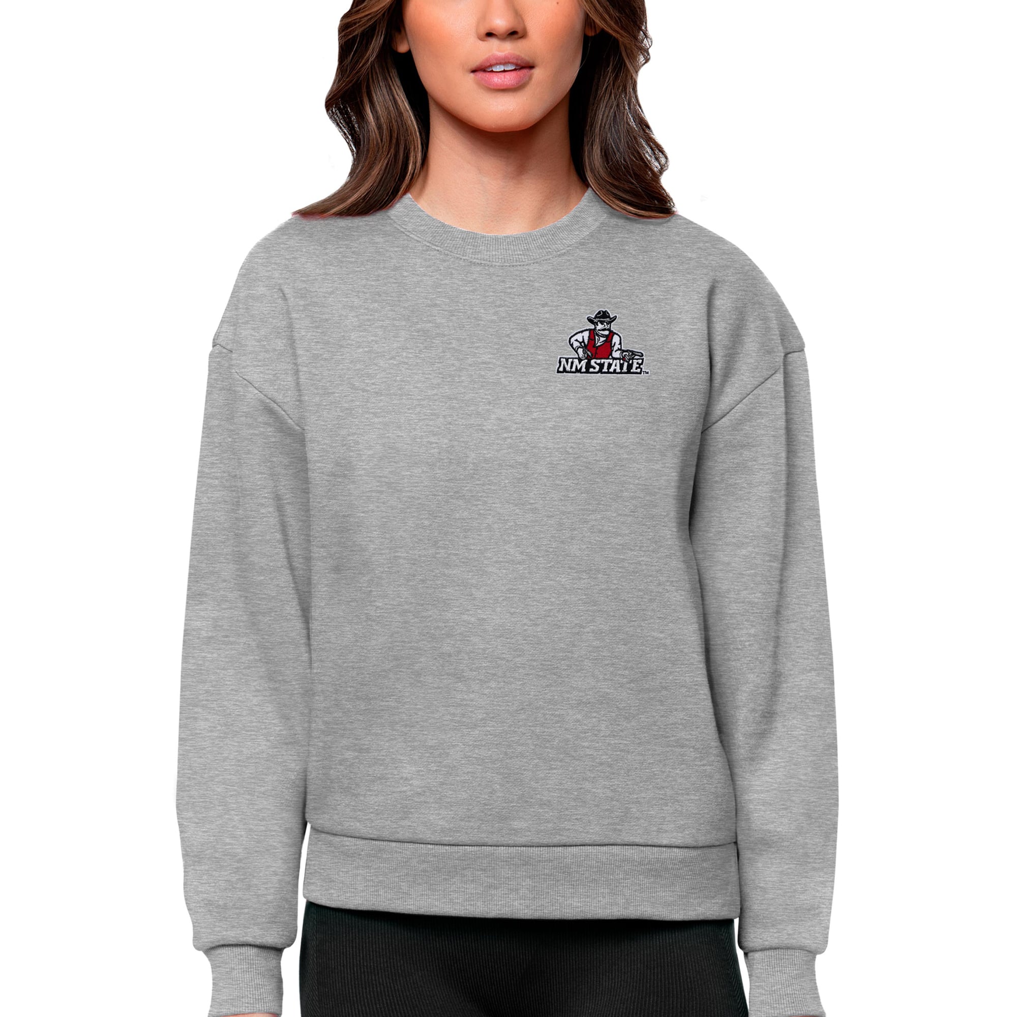 Women's Antigua Heather Gray New Mexico State Aggies Logo Victory Crewneck Pullover Sweatshirt