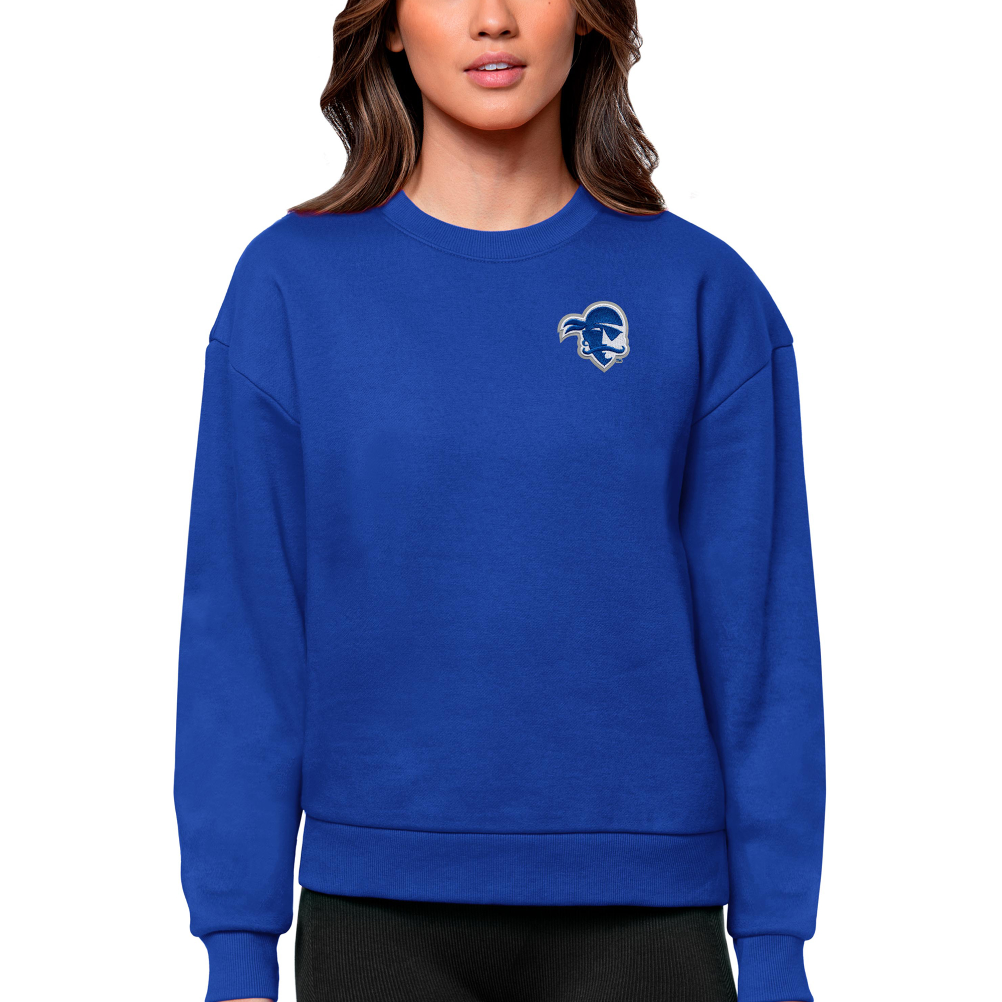 Women’s Antigua Royal Seton Hall Pirates Logo Victory Crewneck Pullover Sweatshirt