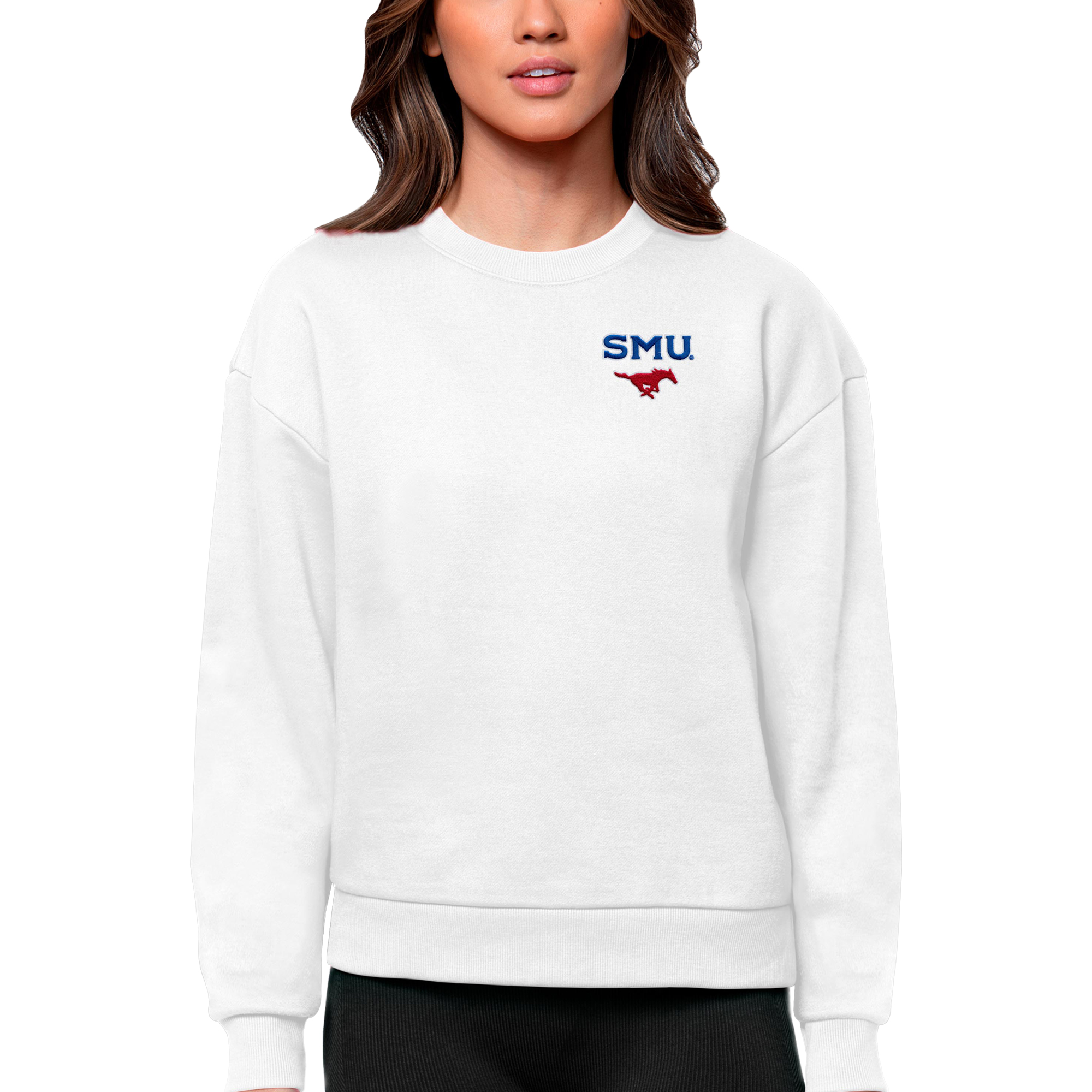 Women’s Antigua White SMU Mustangs Logo Victory Crewneck Pullover Sweatshirt Women’s Antigua White SMU Mustangs Logo Victory Crewneck Pullover Sweatshirt