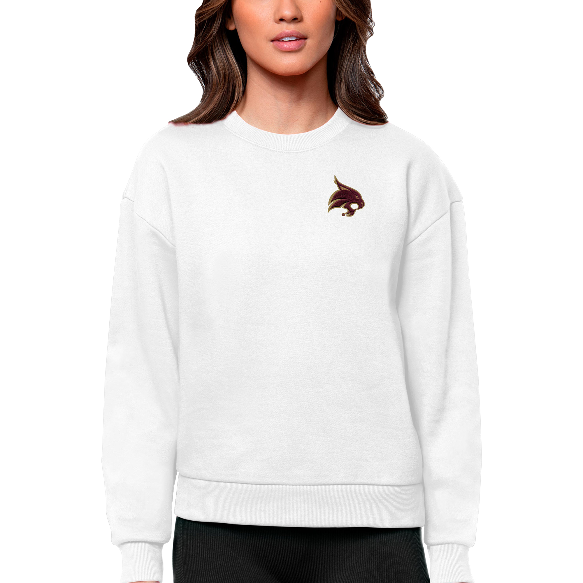 Women’s Antigua White Texas State Bobcats Logo Victory Crewneck Pullover Sweatshirt Women’s Antigua White Texas State Bobcats Logo Victory Crewneck Pullover Sweatshirt