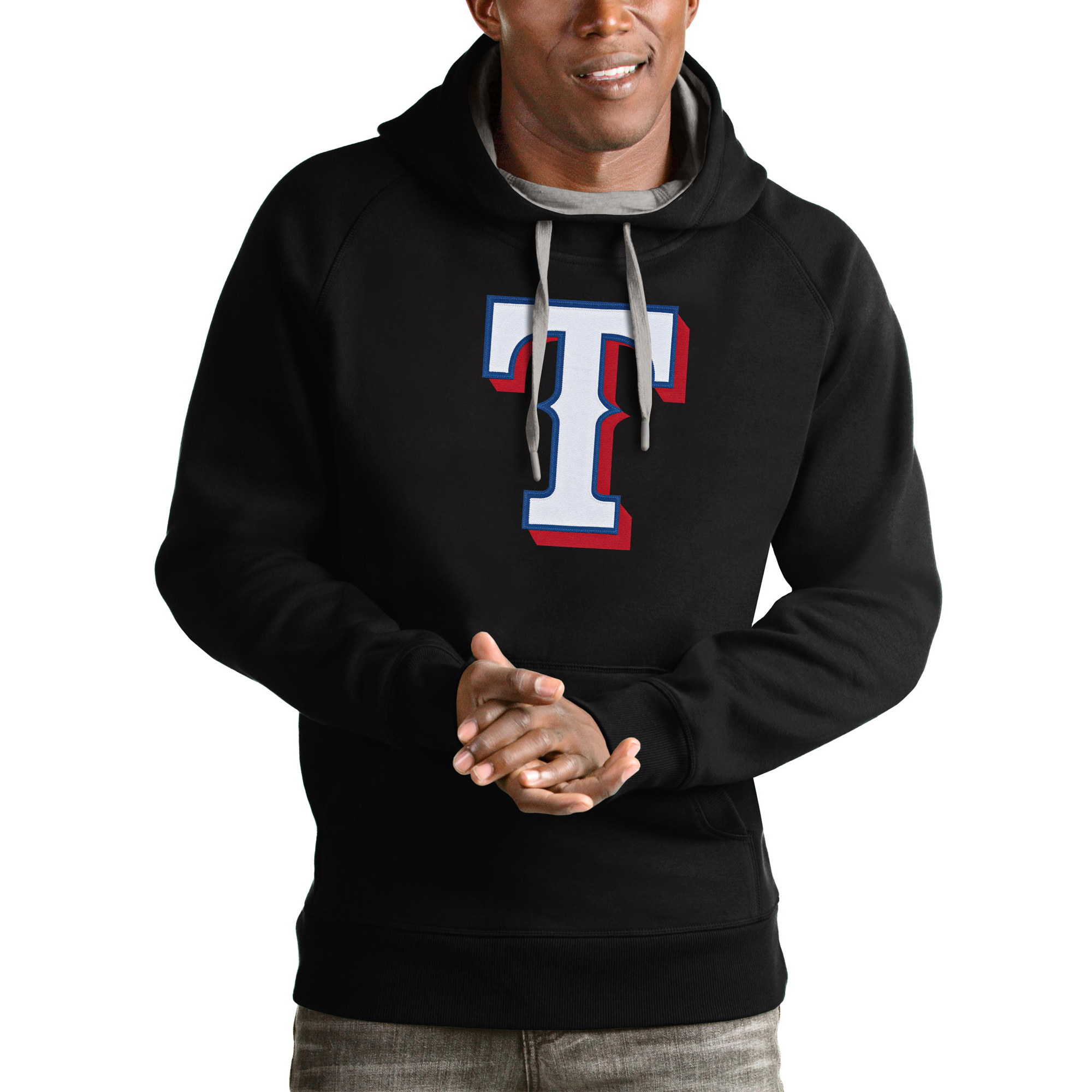 Men’s Antigua Black Texas Rangers Victory Pullover Team Logo Hoodie Men’s Antigua Black Texas Rangers Victory Pullover Team Logo Hoodie