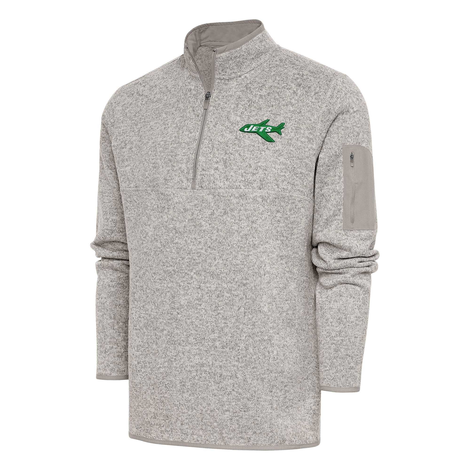 Men's Antigua Oatmeal New York Jets Throwback Fortune Quarter-Zip Pullover Jacket