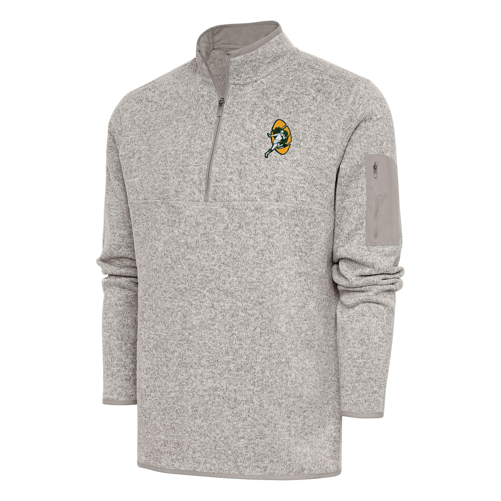 Men's Antigua Oatmeal Green Bay Packers Throwback Fortune Quarter-Zip Pullover Jacket