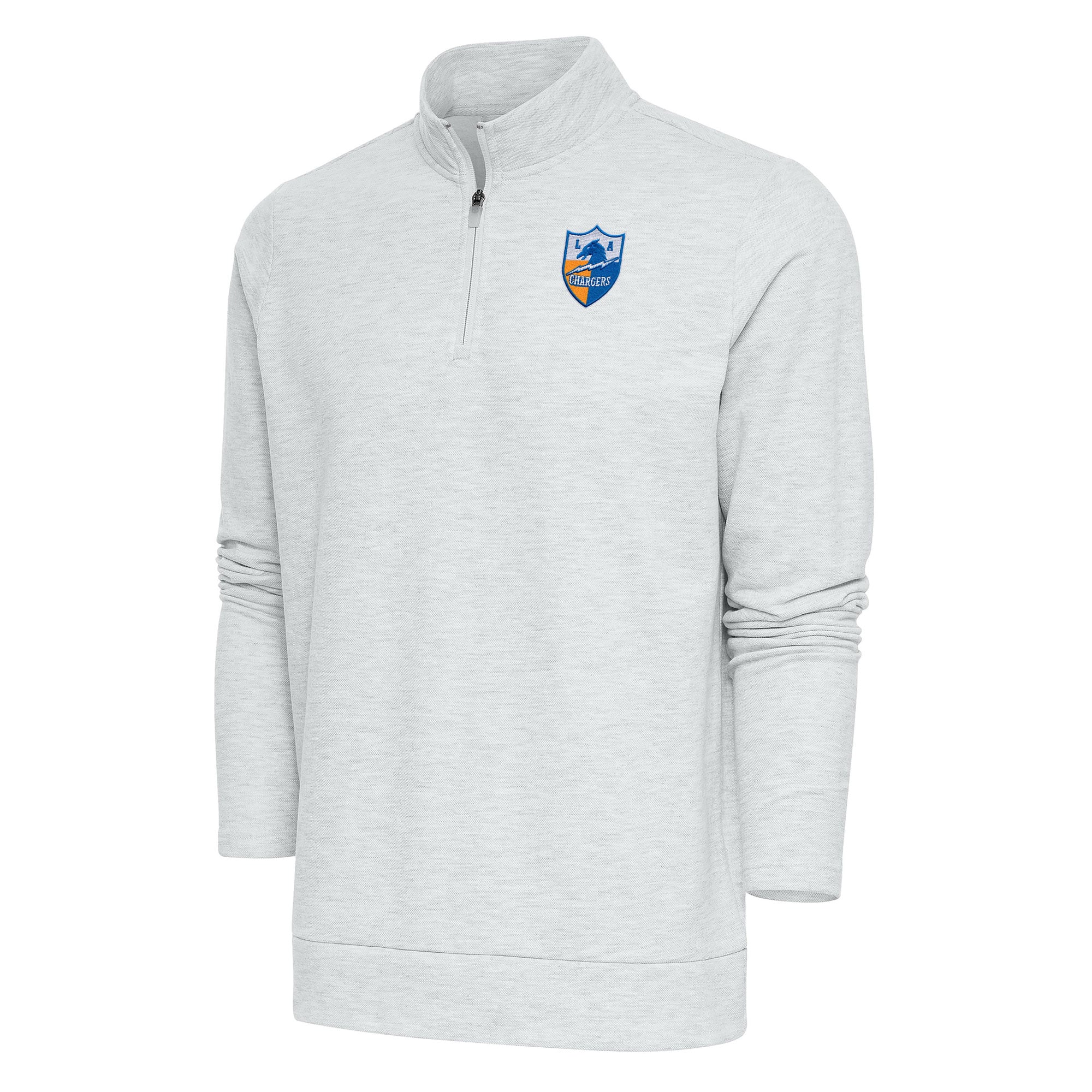 Men’s Antigua Heather Gray Los Angeles Chargers Team Logo Throwback Gambit Quarter-Zip Pullover Top Men’s Antigua Heather Gray Los Angeles Chargers Team Logo Throwback Gambit Quarter-Zip Pullover Top