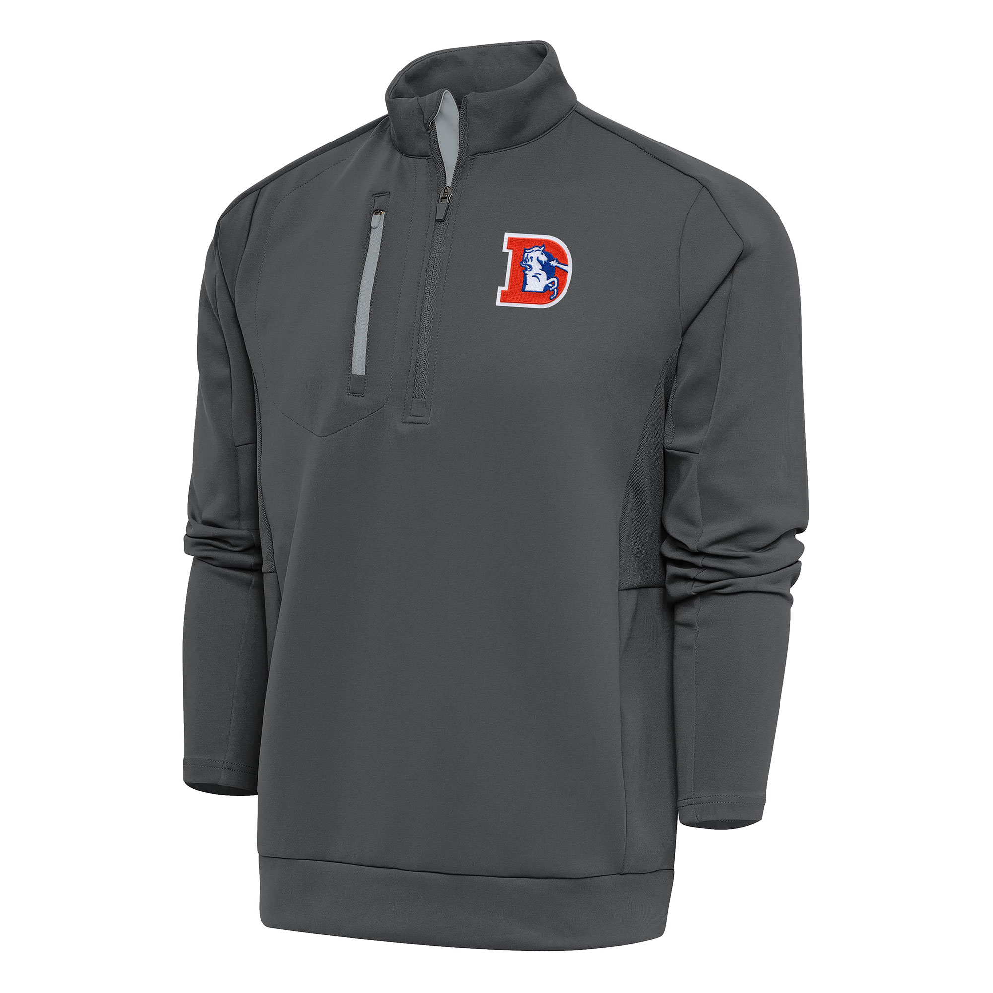 Men's Antigua Charcoal Denver Broncos Team Logo Throwback Generation Quarter-Zip Pullover Top