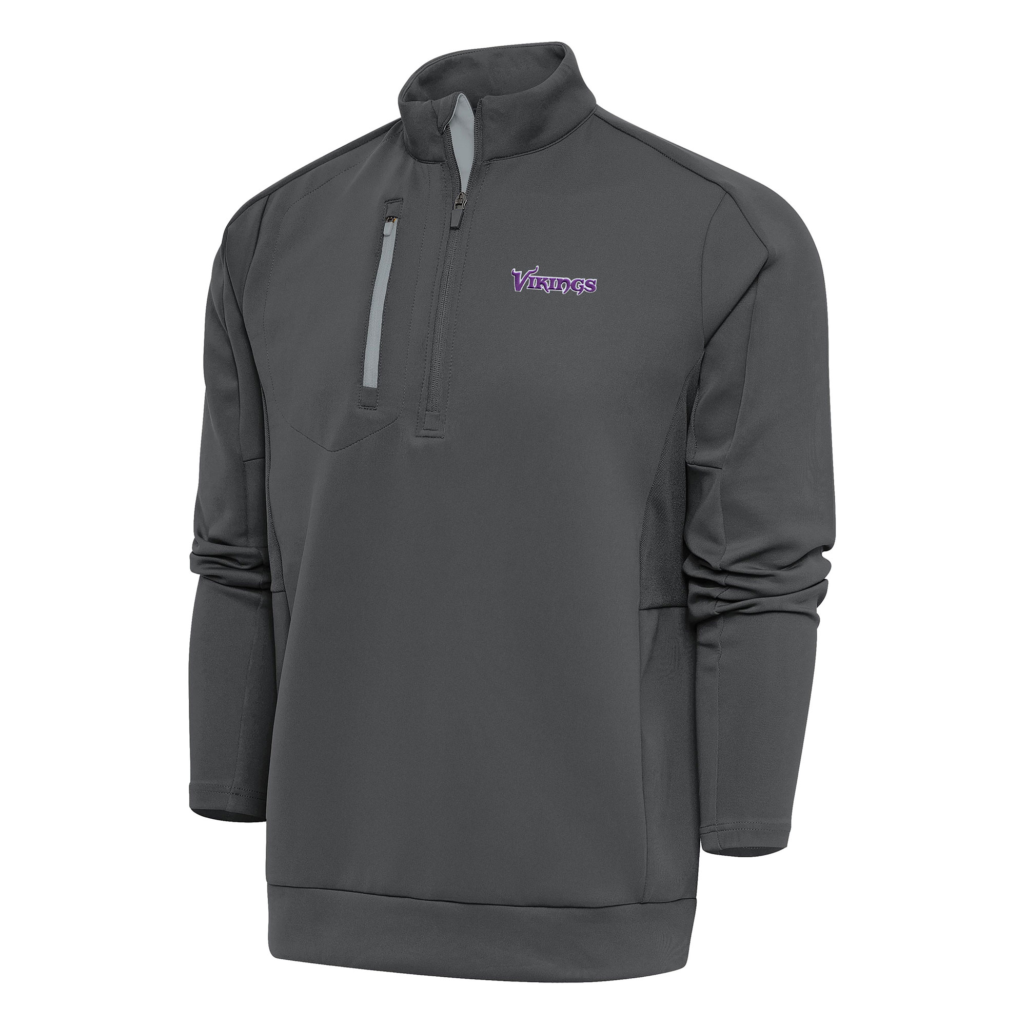Men's Antigua Charcoal Minnesota Vikings Team Logo Throwback Generation Quarter-Zip Pullover Top