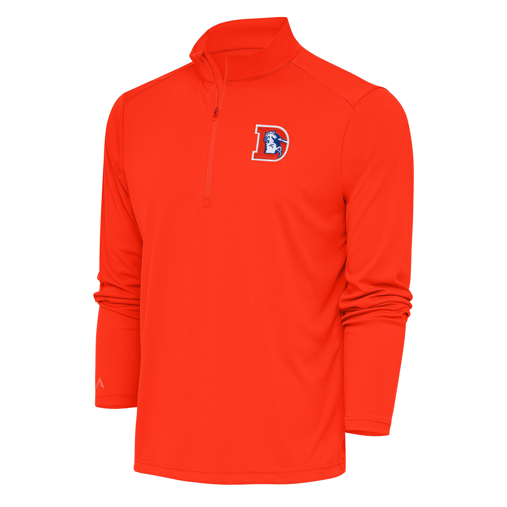 Men's Antigua Orange Denver Broncos Team Logo Throwback Tribute Quarter-Zip Pullover Top