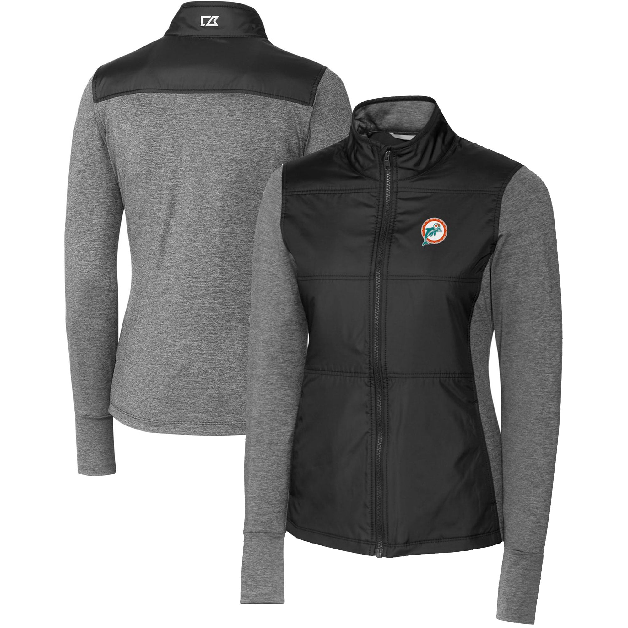Women's Cutter & Buck Black Miami Dolphins Throwback Logo Stealth Hybrid Quilted Full-Zip Windbreaker Jacket
