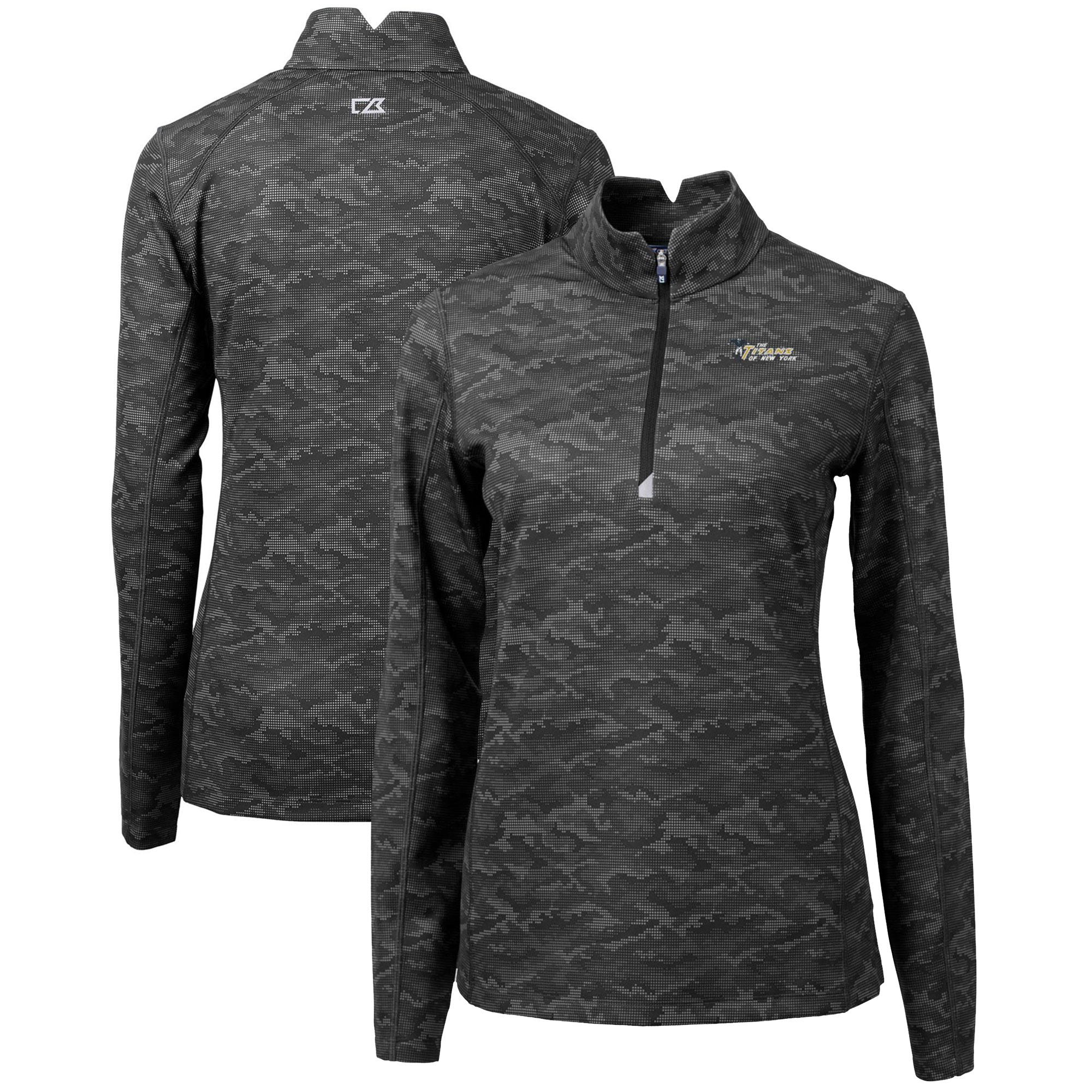 Women's Cutter & Buck Black New York Jets Throwback Logo Traverse Camo Quarter-Zip Pullover Top