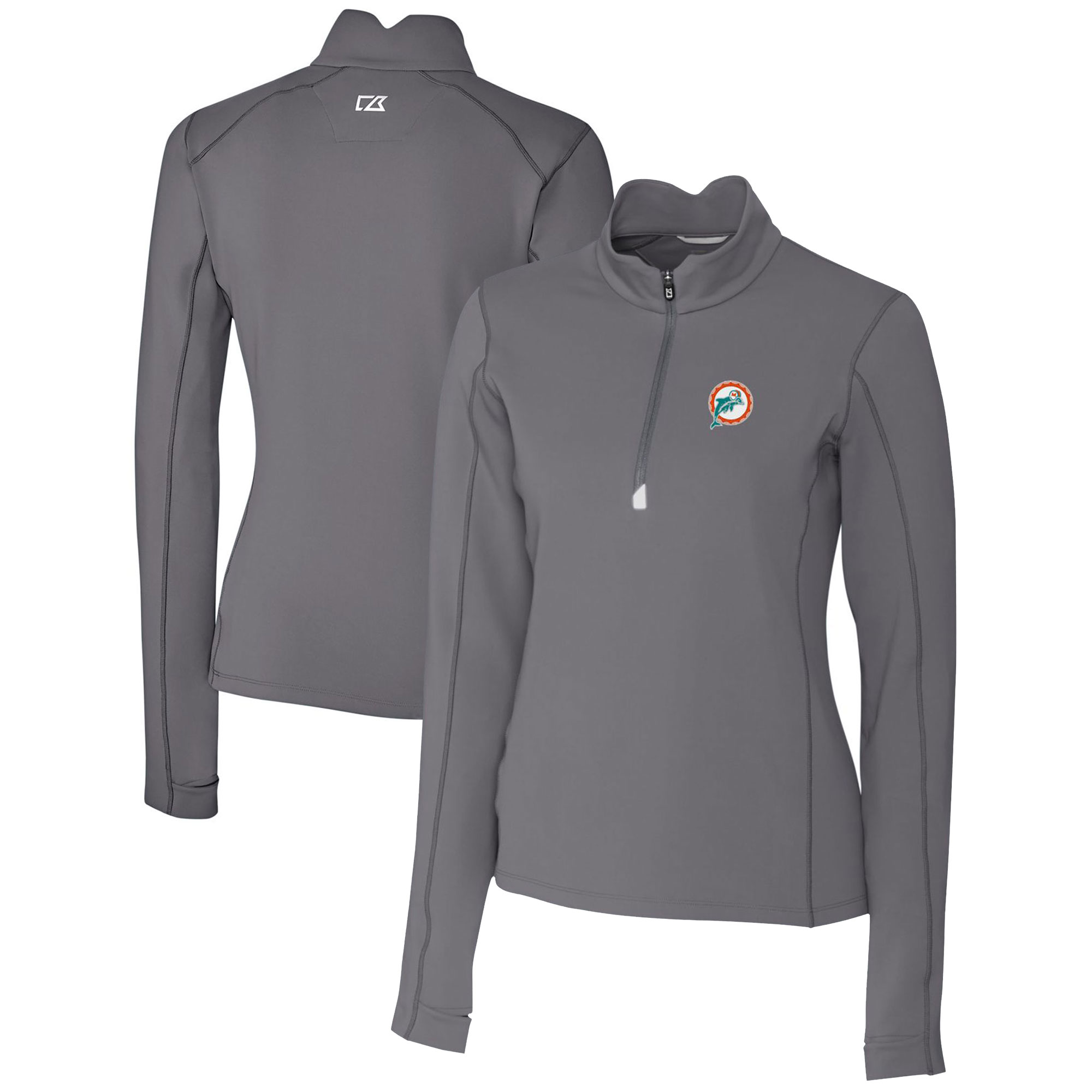 Women's Cutter & Buck Steel Miami Dolphins Throwback Logo Traverse Stretch Quarter-Zip Pullover Top