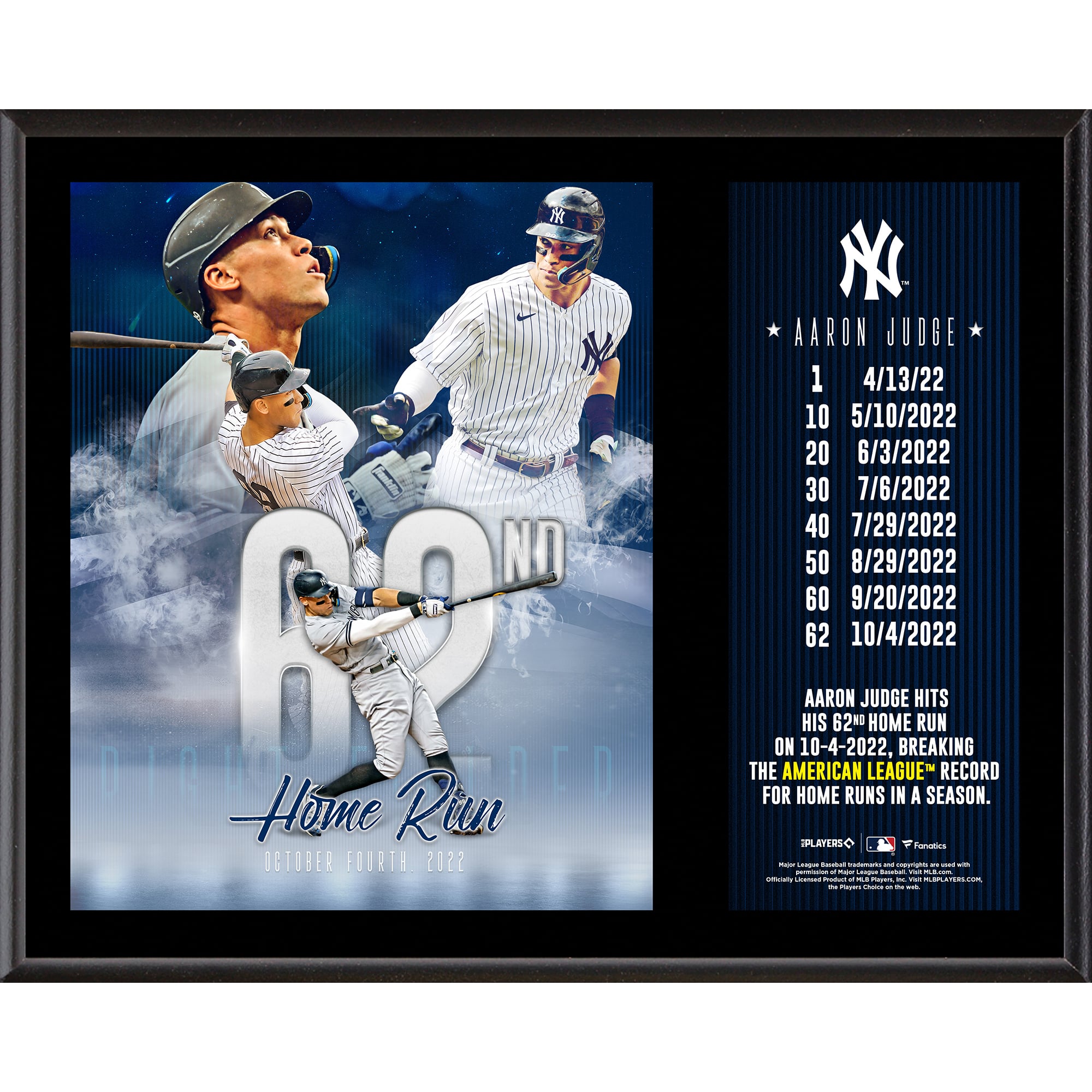 Fanatics Authentic Aaron Judge New York Yankees American League Home Run Record 12” x 15” Sublimated Plaque Fanatics Authentic Aaron Judge New York Yankees American League Home Run Record 12” x 15” Sublimated Plaque