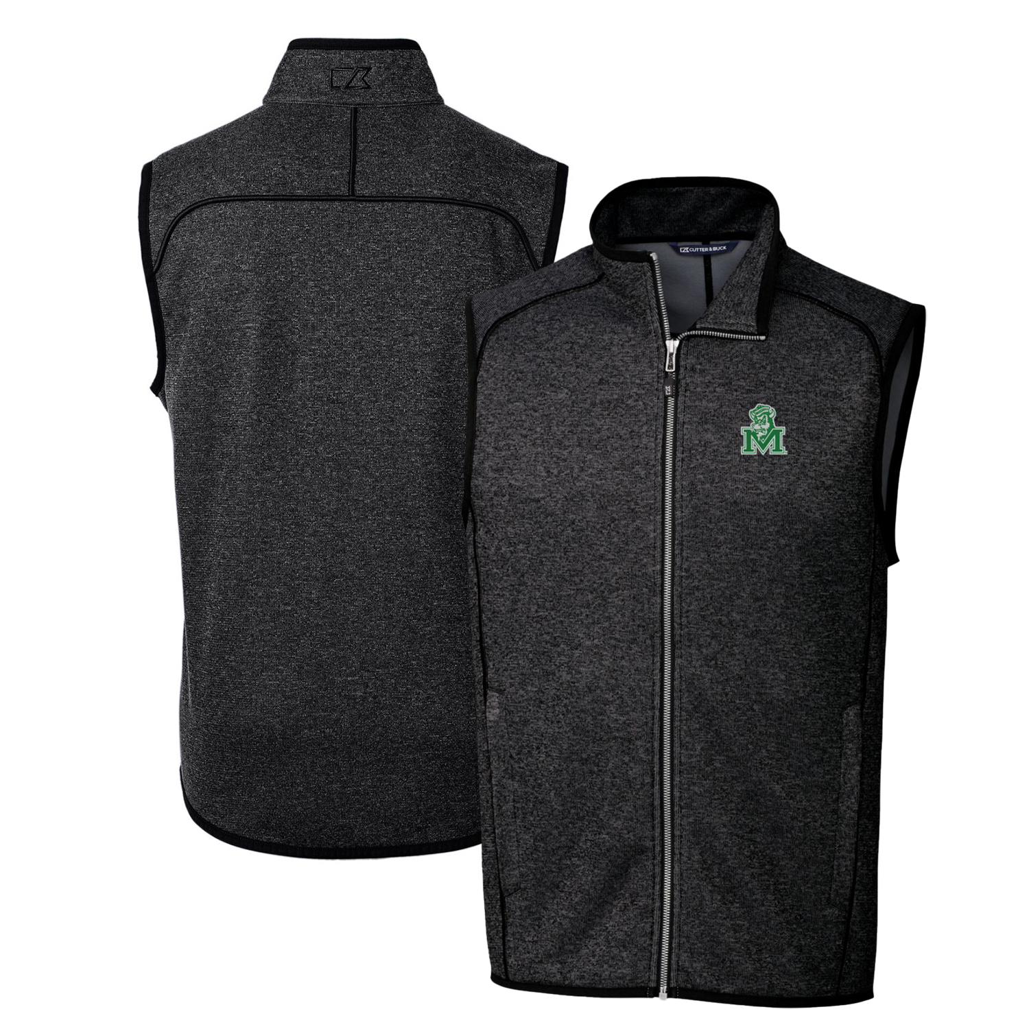 Men's Cutter & Buck Heather Charcoal Marshall Thundering Herd Mainsail Sweater-Knit Big & Tall Full-Zip Vest