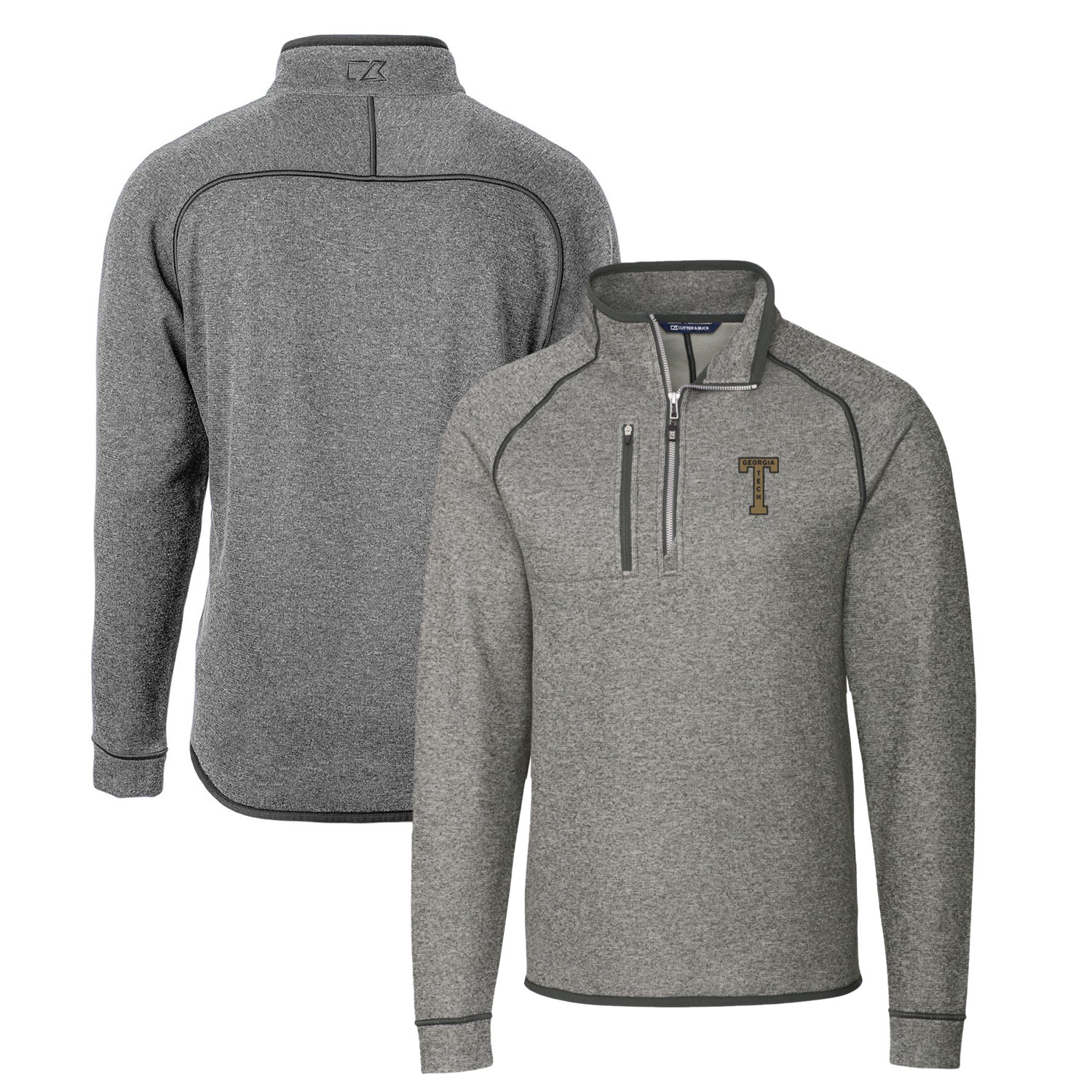 Men's Cutter & Buck Heather Gray Georgia Tech Yellow Jackets Mainsail Sweater-Knit Big & Tall Half-Zip Pullover Jacket