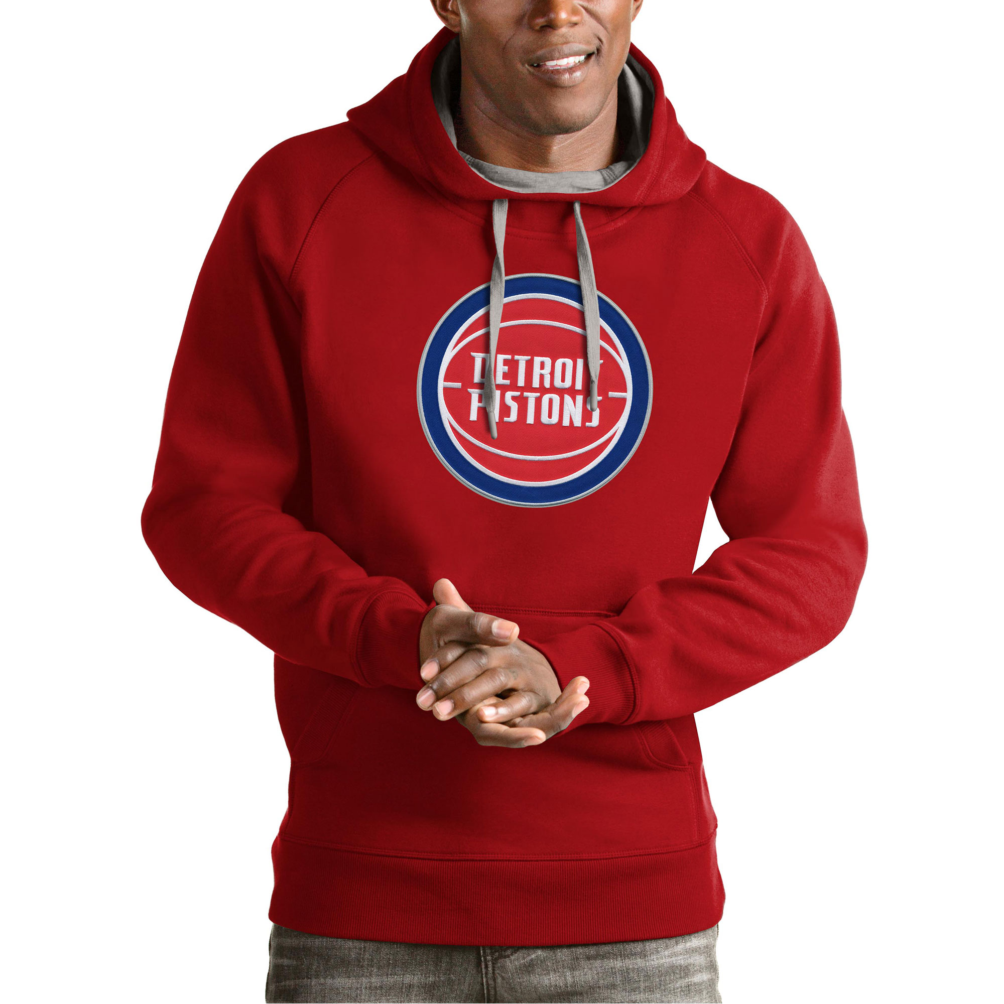 Men's Antigua Red Detroit Pistons Team Logo Victory Pullover Hoodie