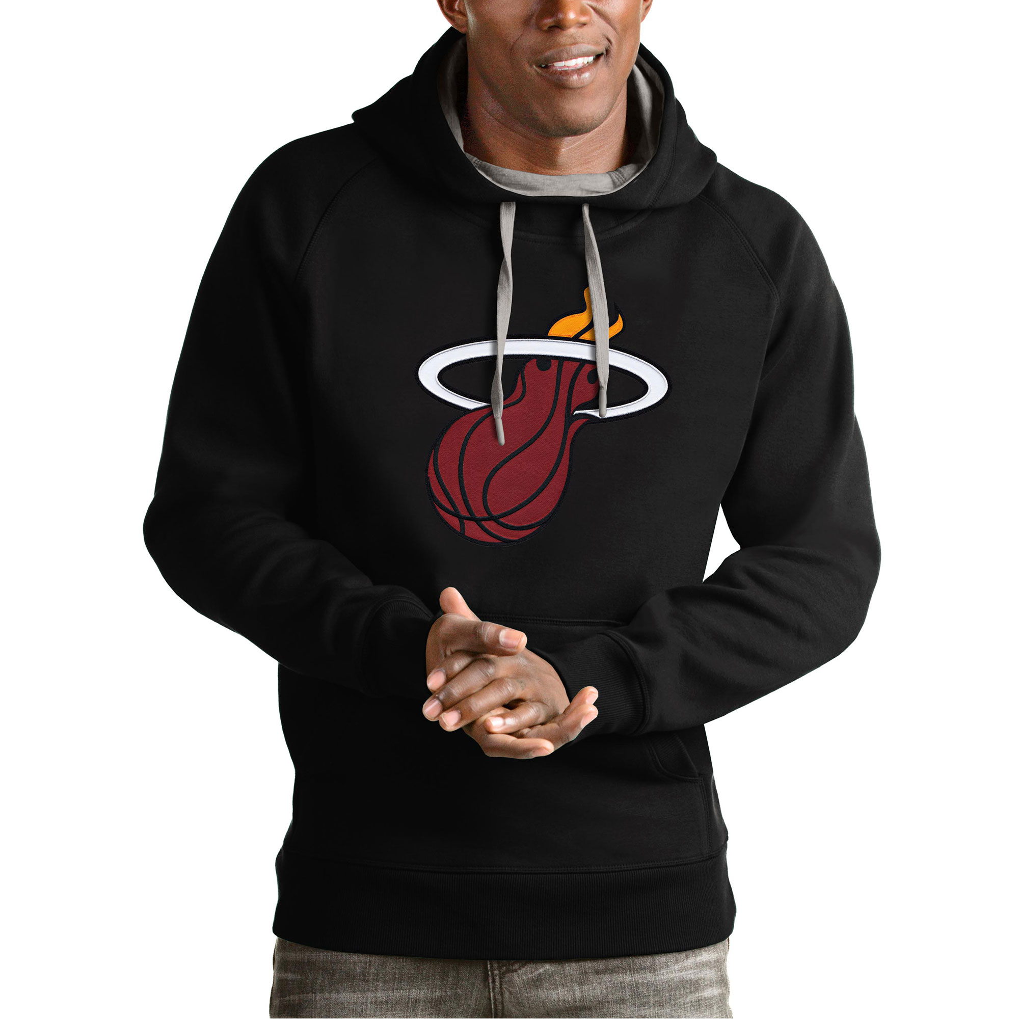 Men's Antigua Black Miami Heat Team Logo Victory Pullover Hoodie