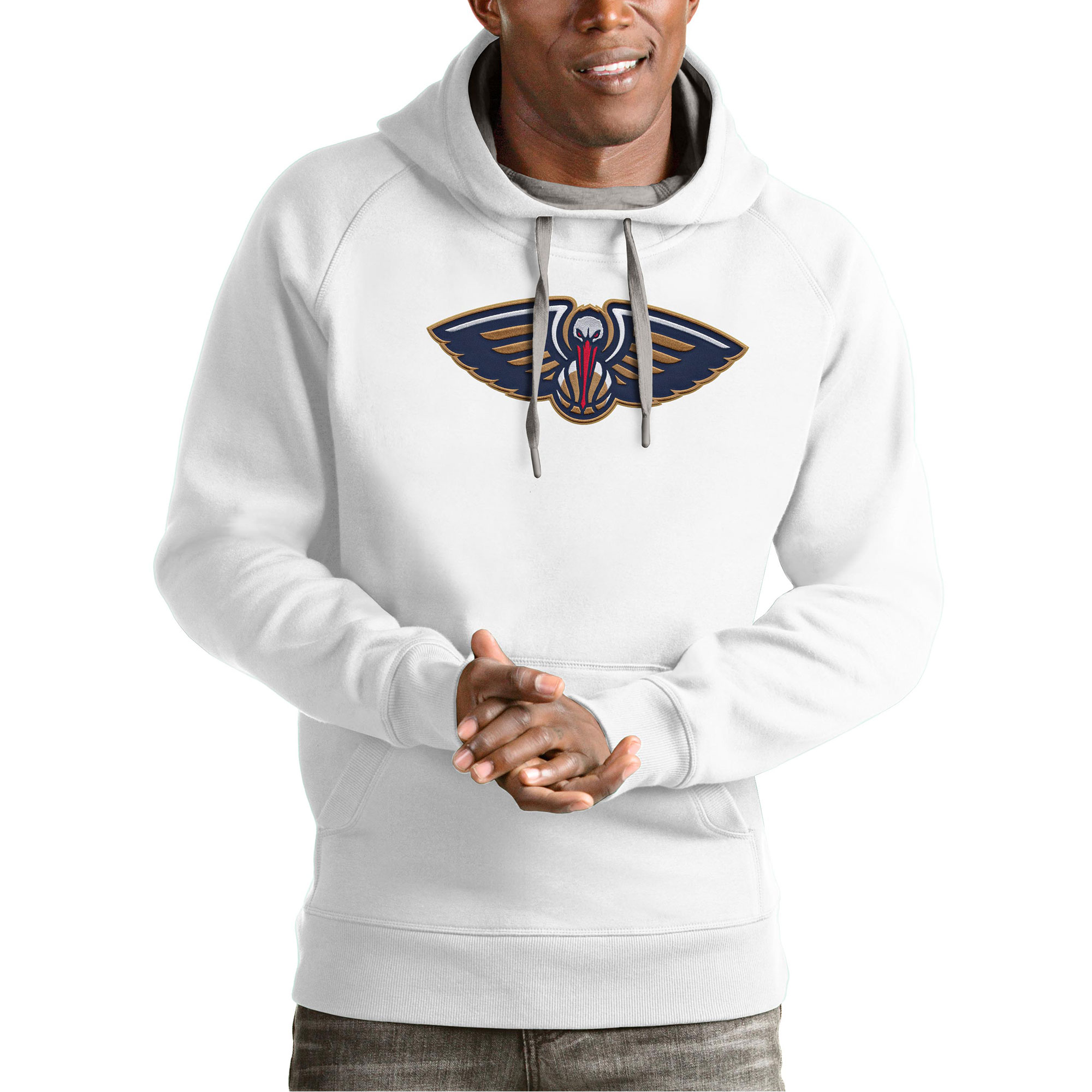 Men’s Antigua White New Orleans Pelicans Team Logo Victory Pullover Hoodie Men’s Antigua White New Orleans Pelicans Team Logo Victory Pullover Hoodie