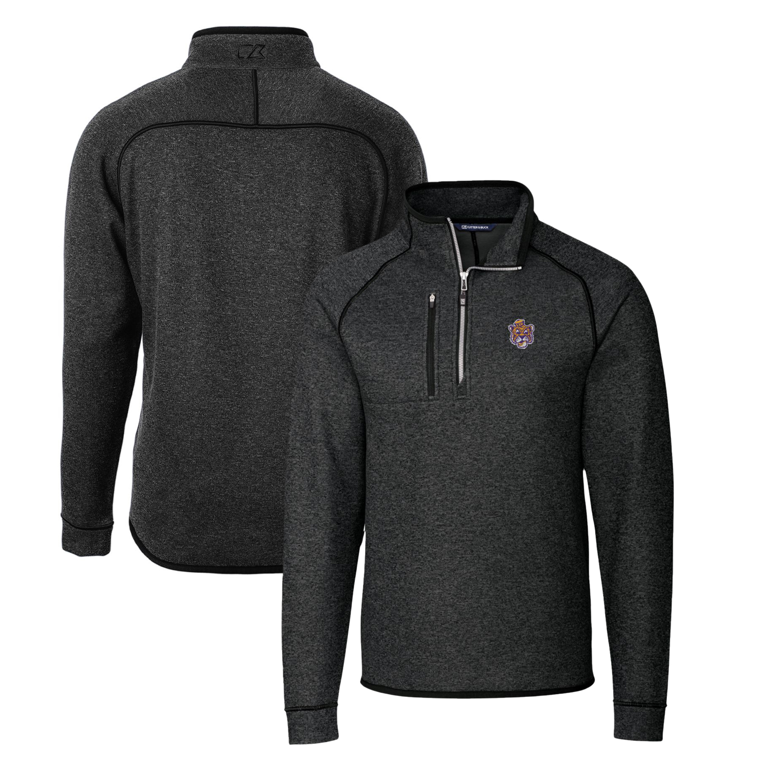 Men's Cutter & Buck Heather Charcoal LSU Tigers Mainsail Sweater-Knit Half-Zip Pullover Jacket