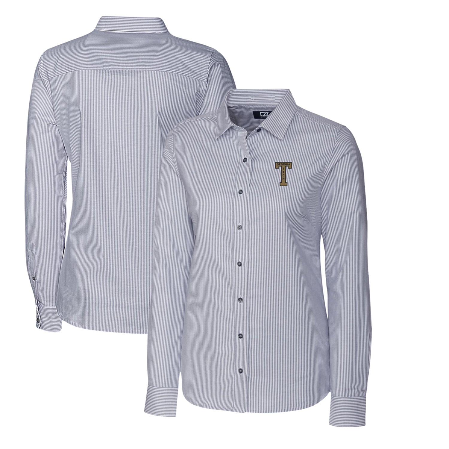 Women's Cutter & Buck Charcoal Georgia Tech Yellow Jackets Oxford Stripe Stretch Long Sleeve Button-Up Shirt