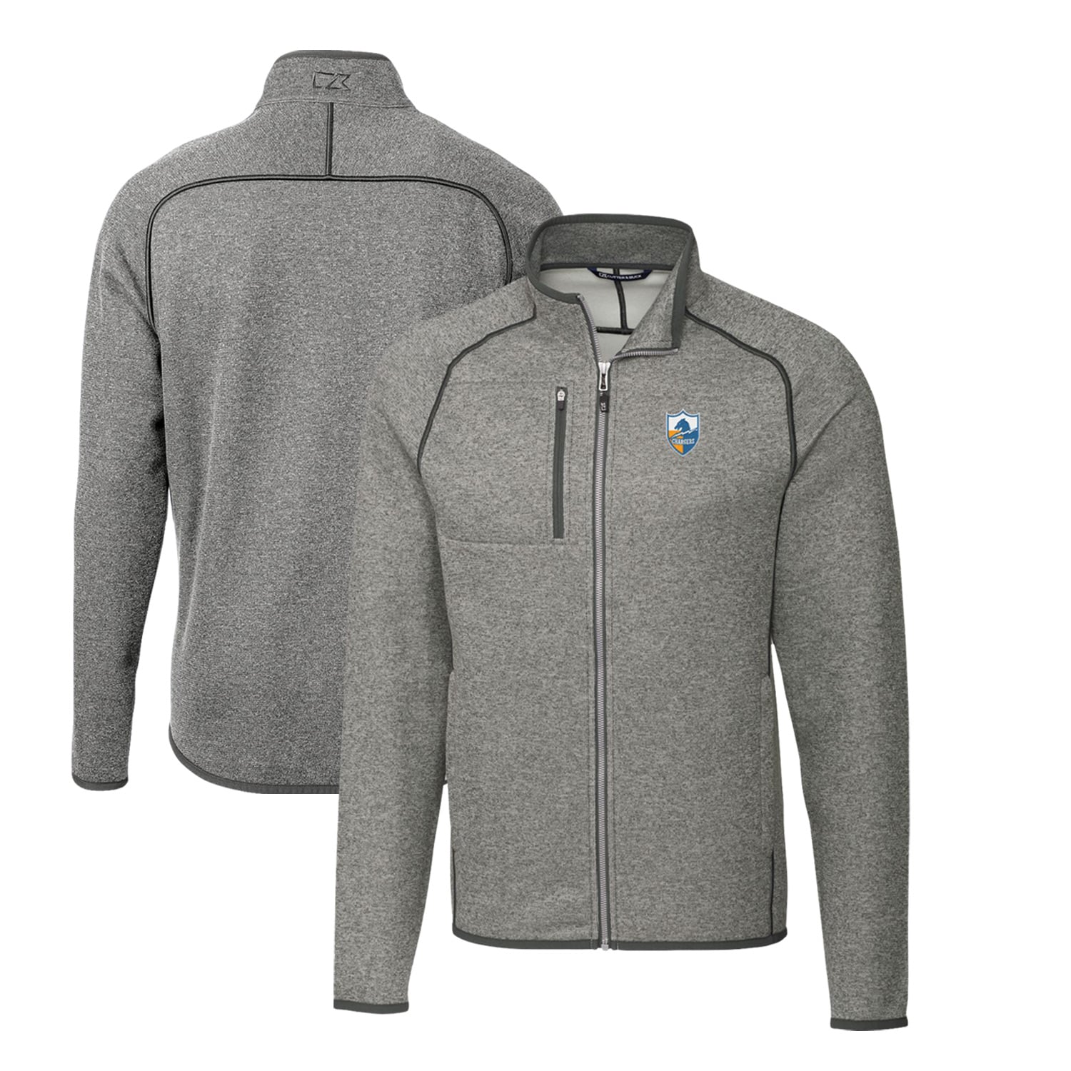 Men’s Cutter & Buck Heather Gray Los Angeles Chargers Throwback Logo Mainsail Sweater-Knit Big & Tall Full-Zip Pullover Jacket